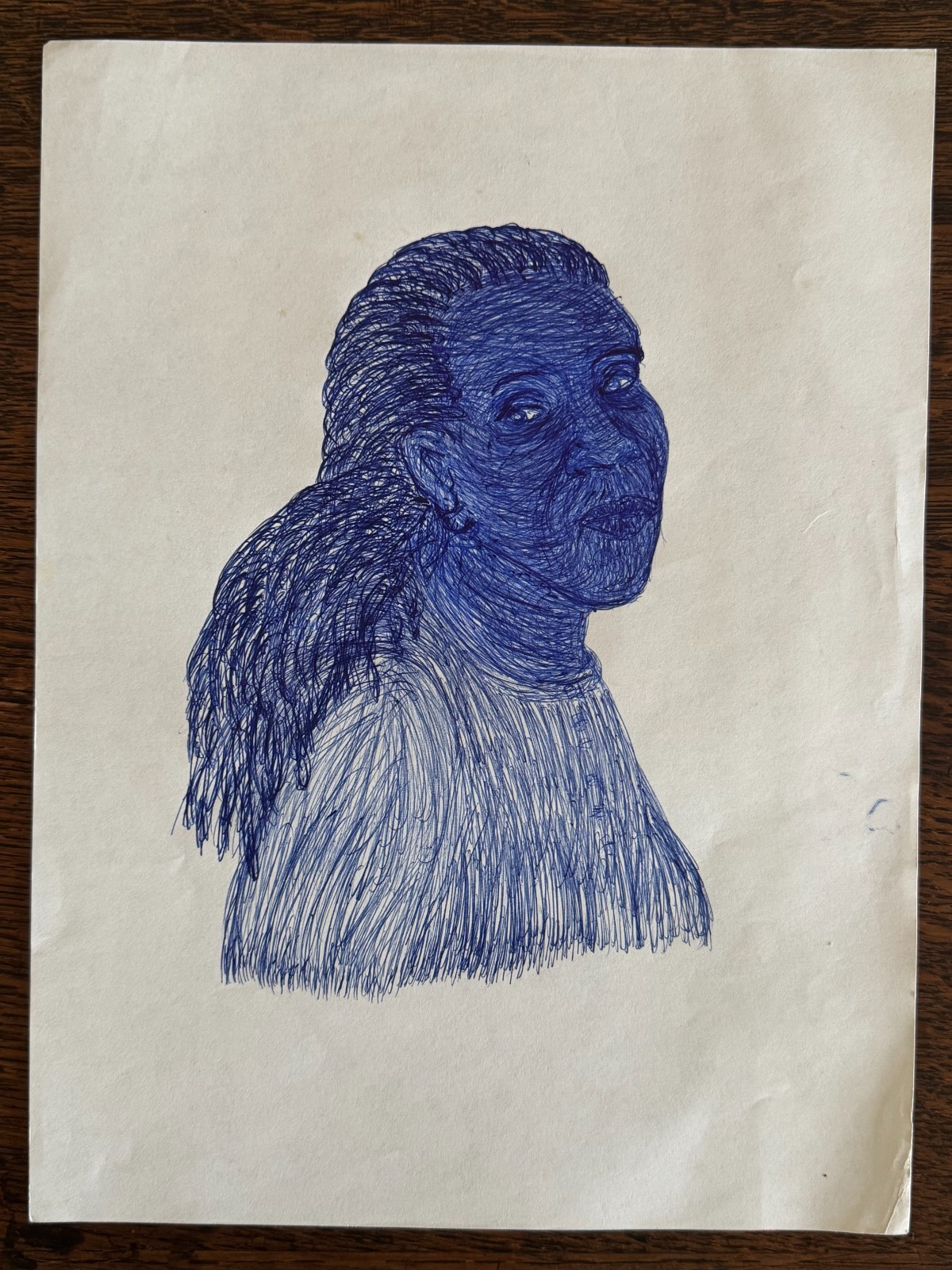 Original Young African-American Woman Blue Ballpoint Pen Portrait Drawing 9"x12"