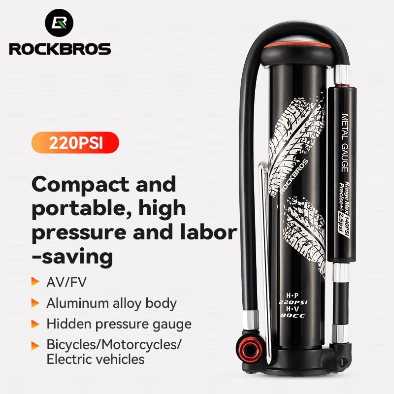 ROCKBROS Aluminum Alloy Mountain Bike Road Bike Pump 220PSI Portable Air Pump
