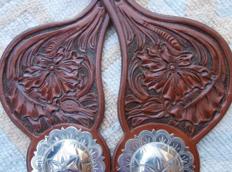Visalia Style Scalliped Edge Domed 2 in.Silver Concho Tooled Spur Straps