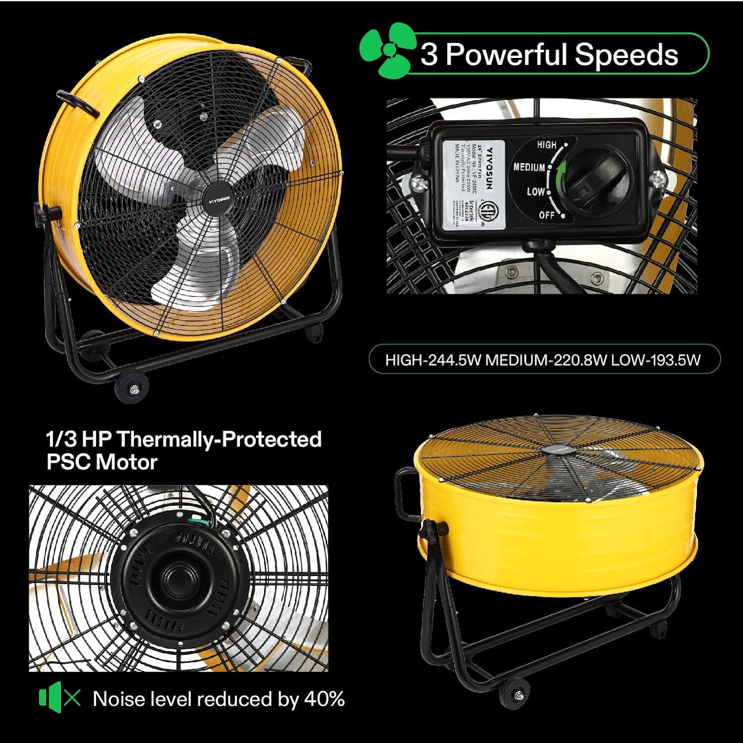 VIVOSUN 24" Industrial Tilt Drum Fan 3 Velocity Speed 360° Adjustable Floor Fan