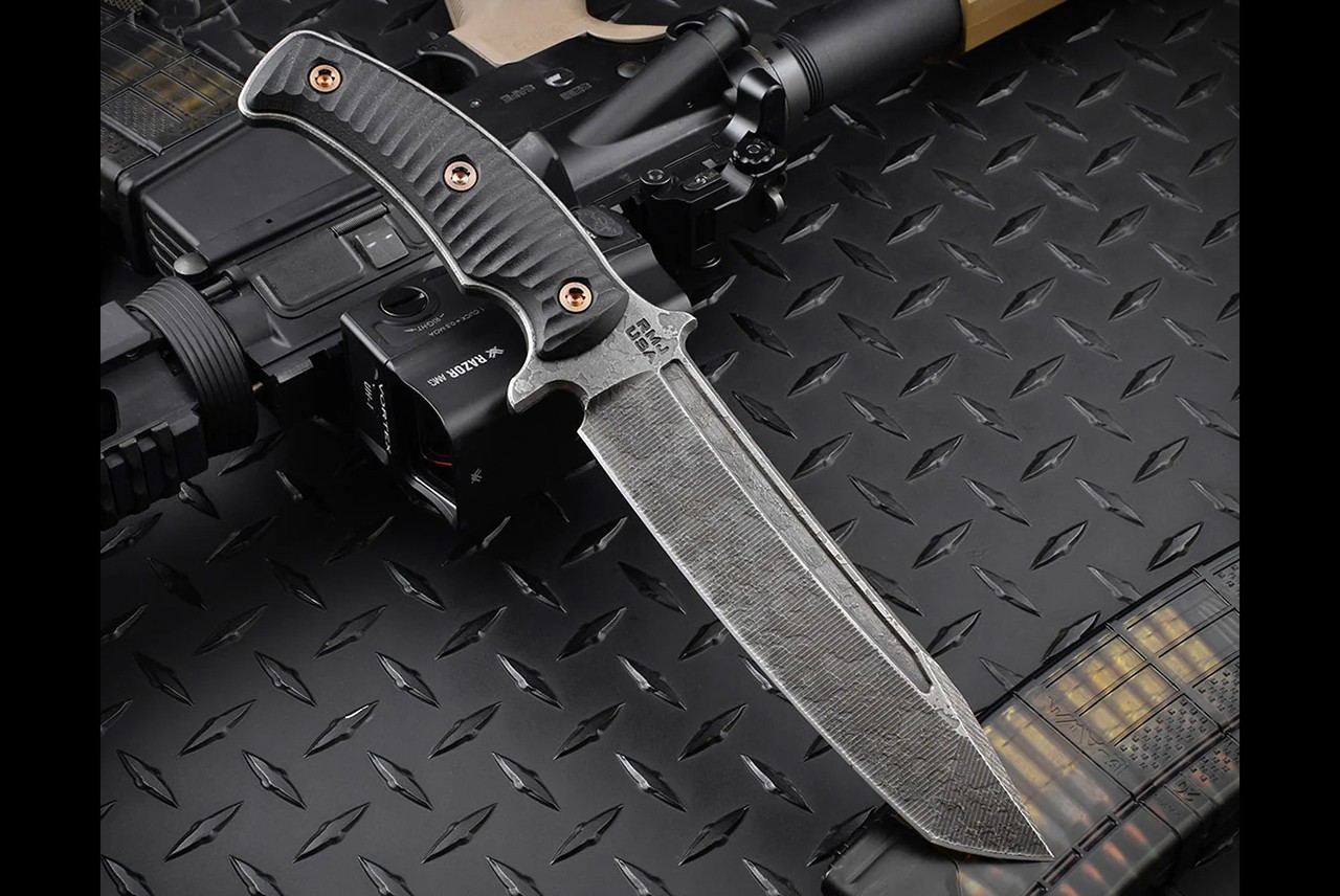 RMJ Tactical Combat Asia Acid Etched Blade w/ Black G-10 Handles and Sheath