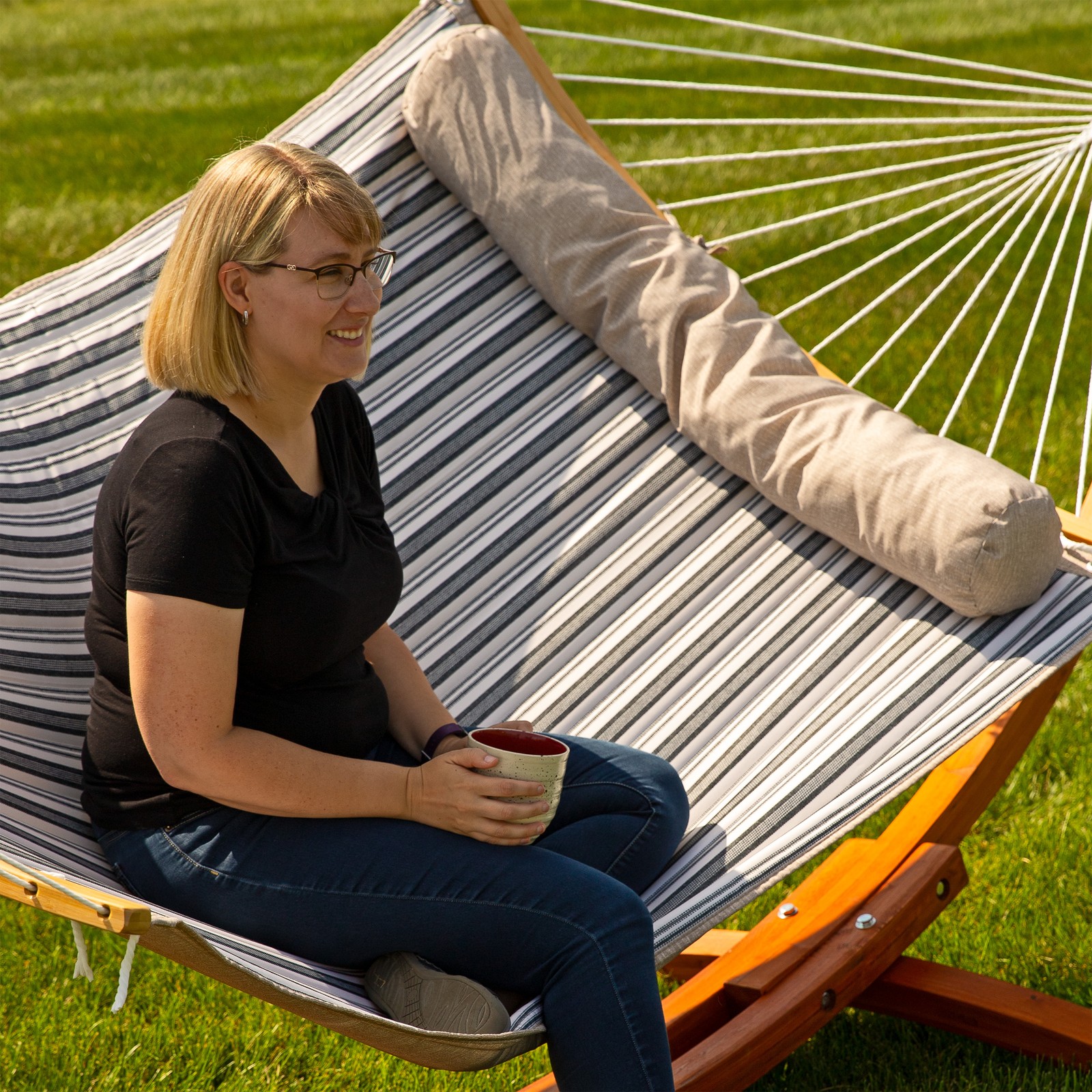 Quilted Hammock with Curved Spreader Bar - Neutral Stripe by Sunnydaze