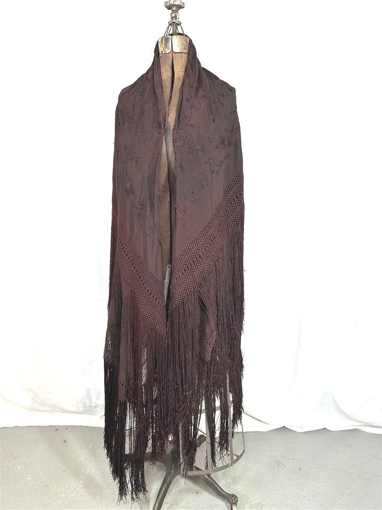 antique silk shawl embroidered lg 49x49 dark purple fringe 20 piano original