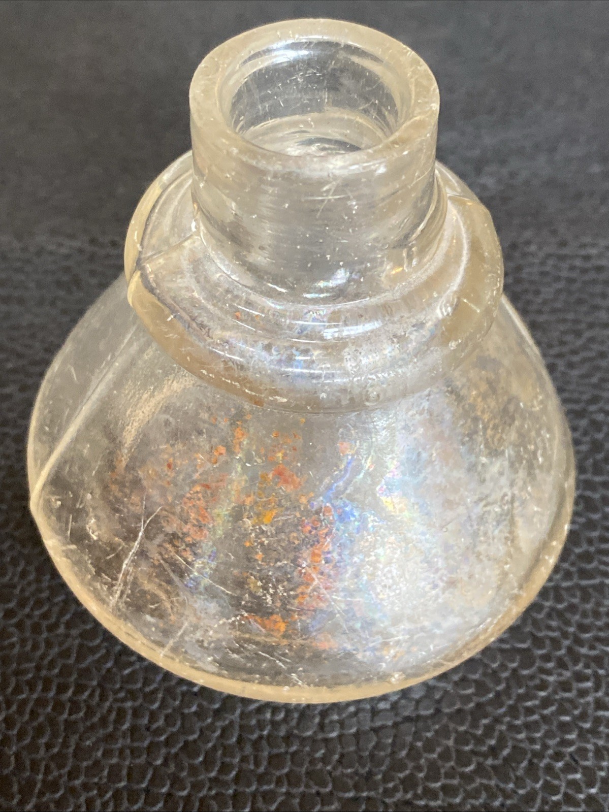 Antique Iridescent Clear Sheered Lip Cone Ring Shoulder 19th C Ink Well Bottle