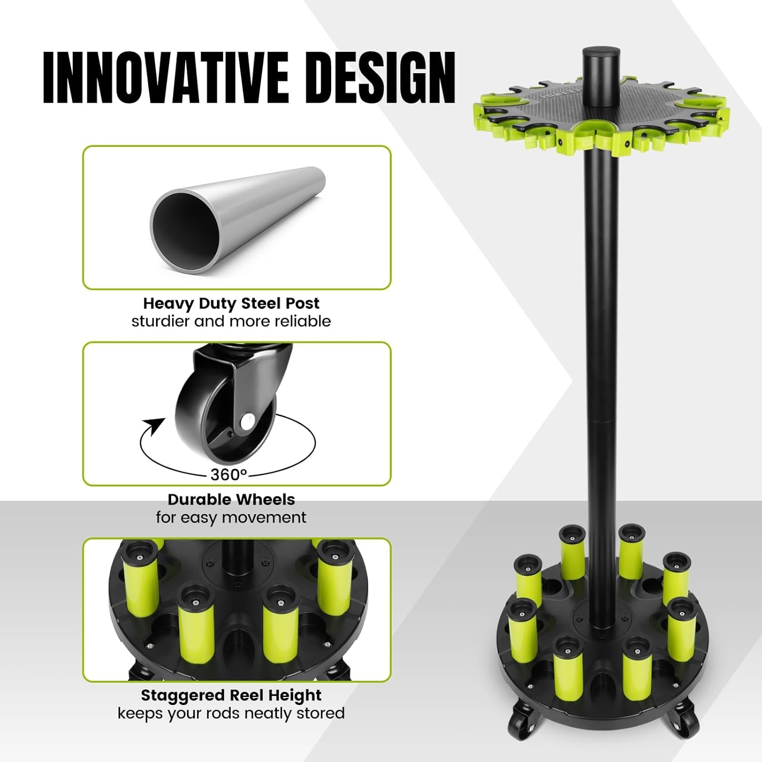 Fishing Rod Holder for Garage, Rod Rack Holds Up to 20 Rods with Rolling Wheels