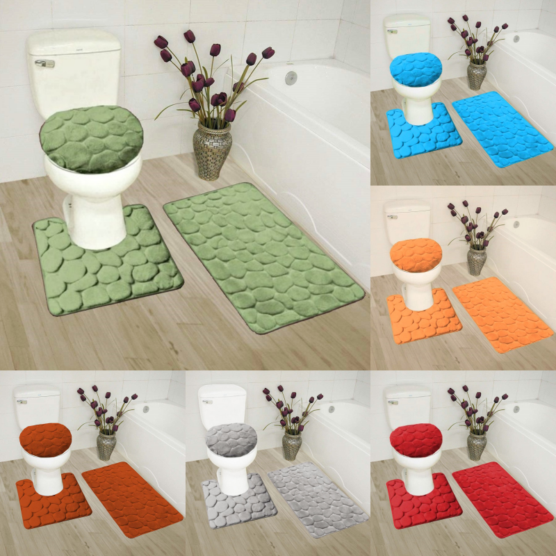 3Piece Set Velvet Memory Foam Bathroom Countour Mat Bath Rug Lid cover ROCK