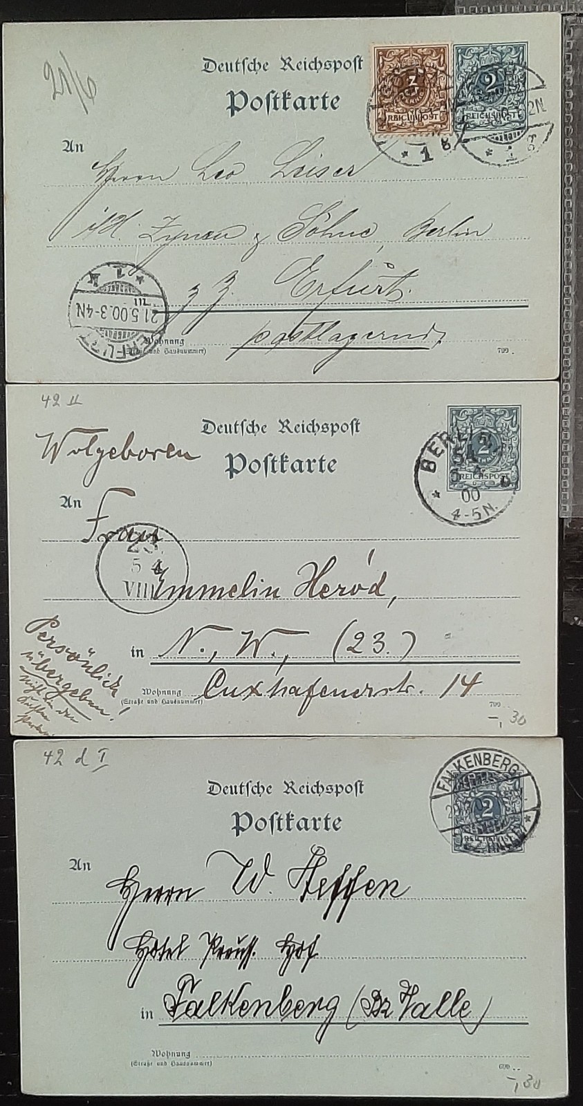 y(GER-866) GERMANY 1900 REICHPOST 2pf postal postcard used (3) different cards