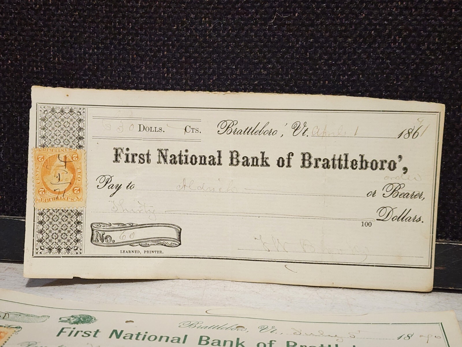 LOT OF 7- Antique Civil War Era Bank Checks w/Stamps BATTLEBORO VERMONT