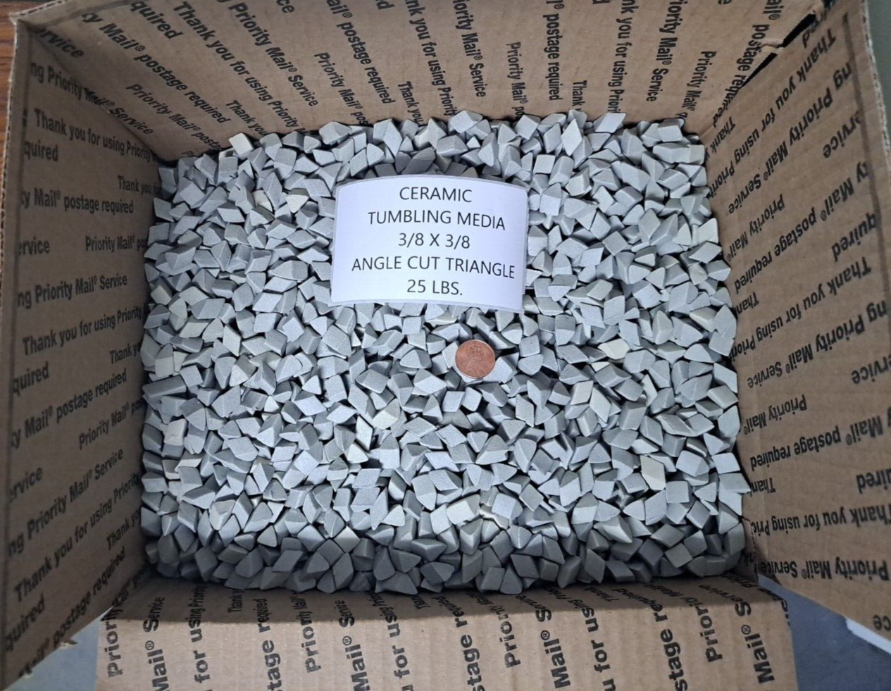 CERAMIC TUMBLING MEDIA 25 pounds of 3/8" x 3/8" Angle Cut Triangles