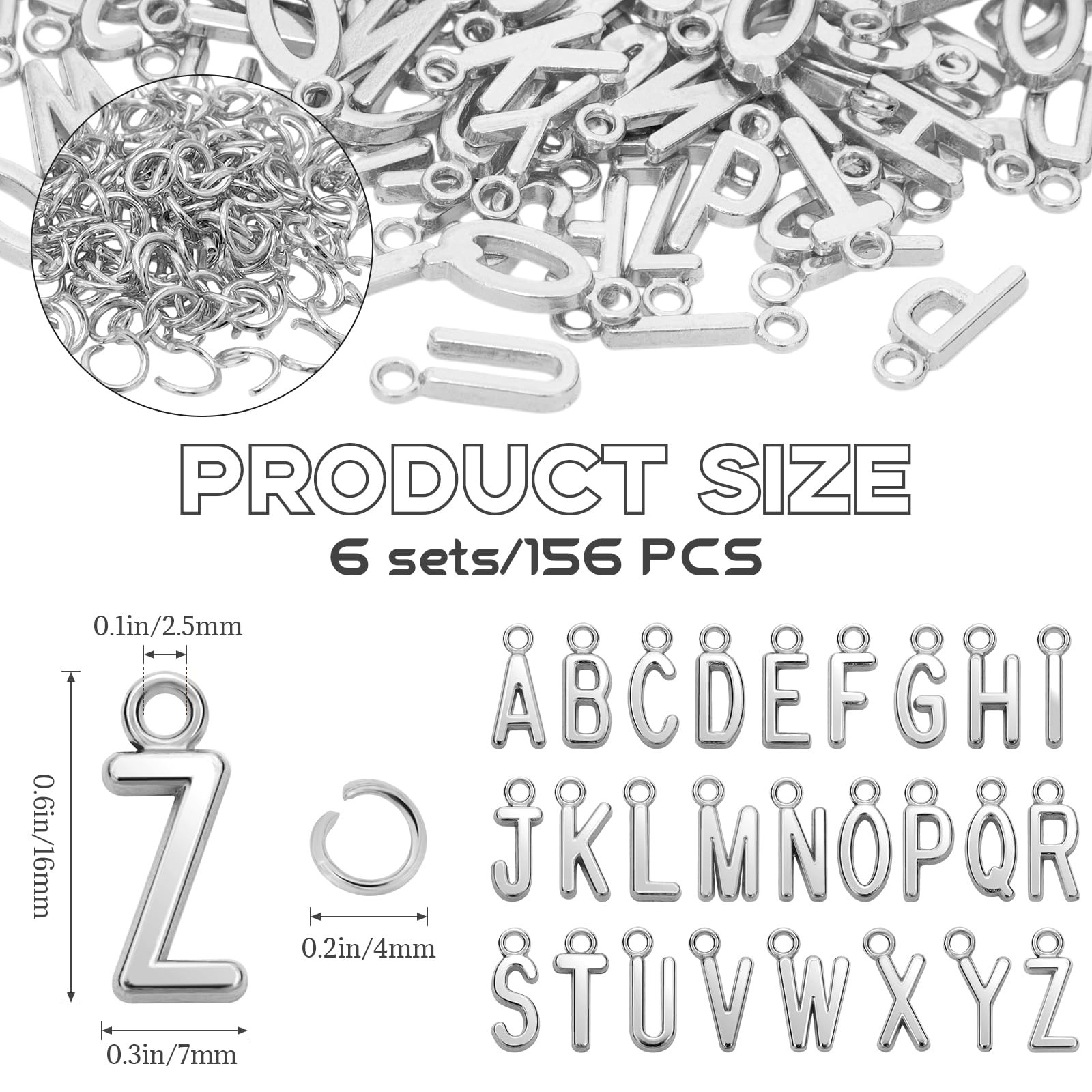 VICROIC 156 Pcs/6 Sets Silver ABC Alphabet Letter Charms, 0.6 inches,