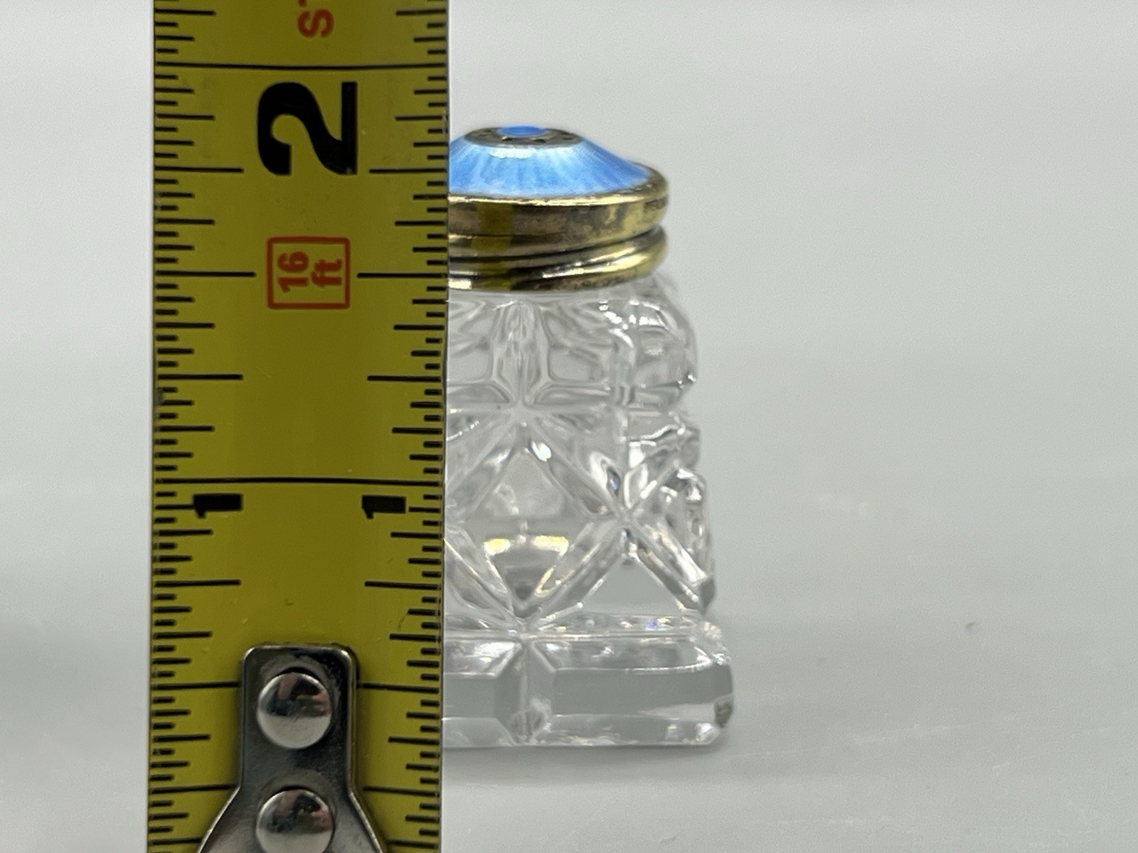 2 VTG Norway Sterling Silver Blue Guilloche Lids & Glass Salt Pepper Shakers