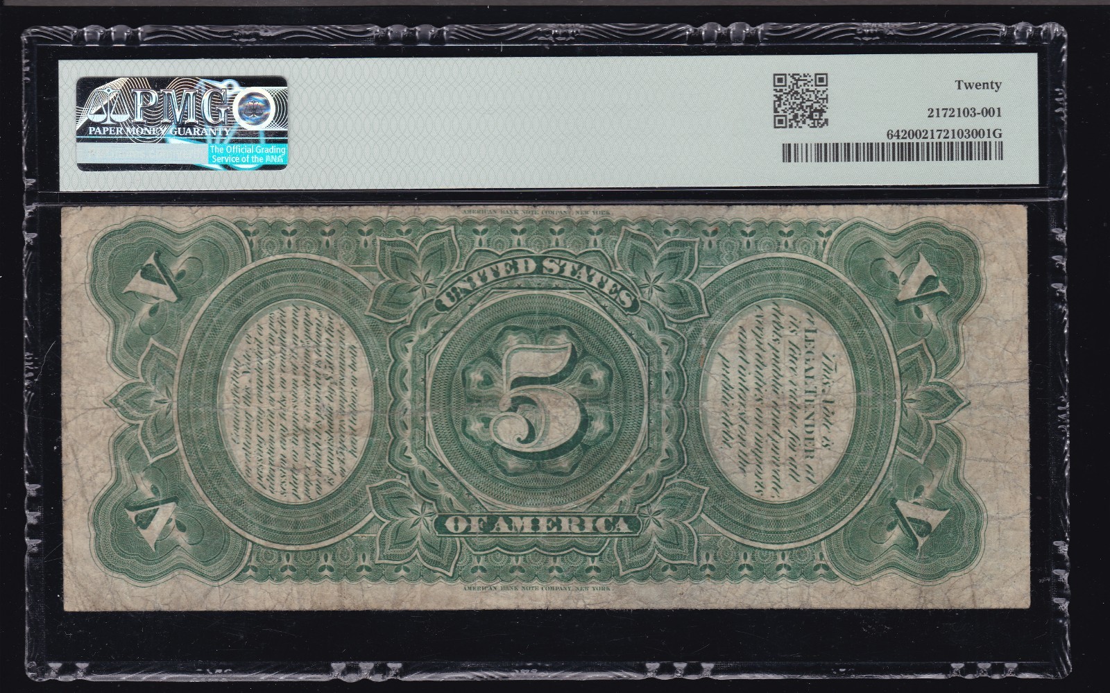 US 1869 $5 Rainbow Legal Tender FR 64 PMG 20 VF (139)