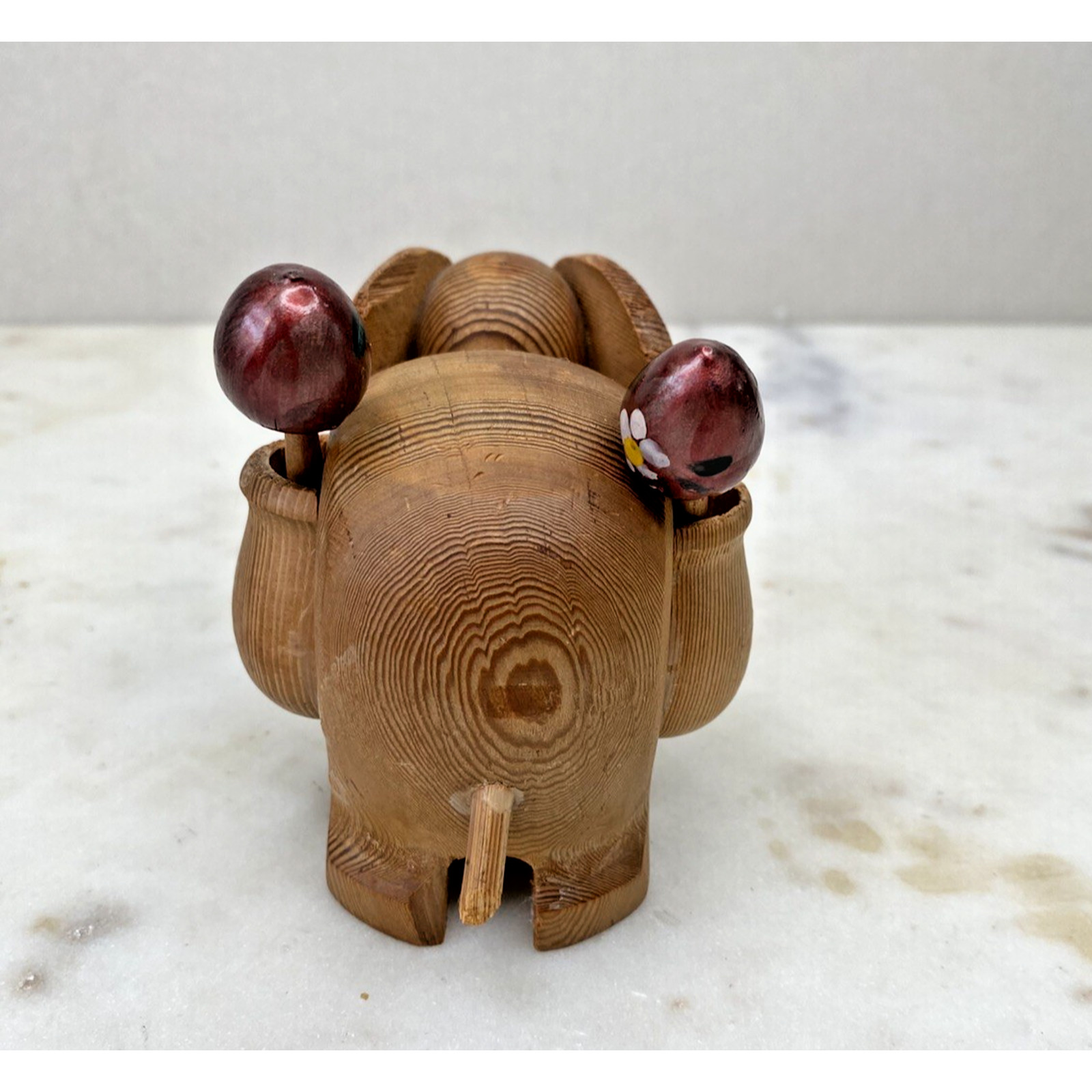 Hand Carved Wood Elephant Toothpick Holder Figurine Handpainted Maracas Trinket