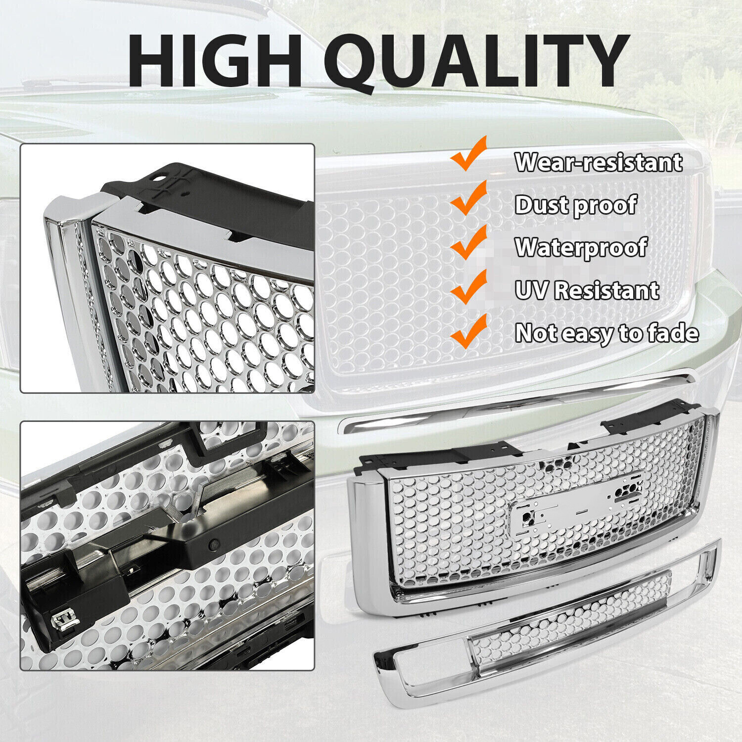 For 2007-13 GMC Sierra 1500 Denali Pickup Upper Lower Grille Hood Molding Chrome