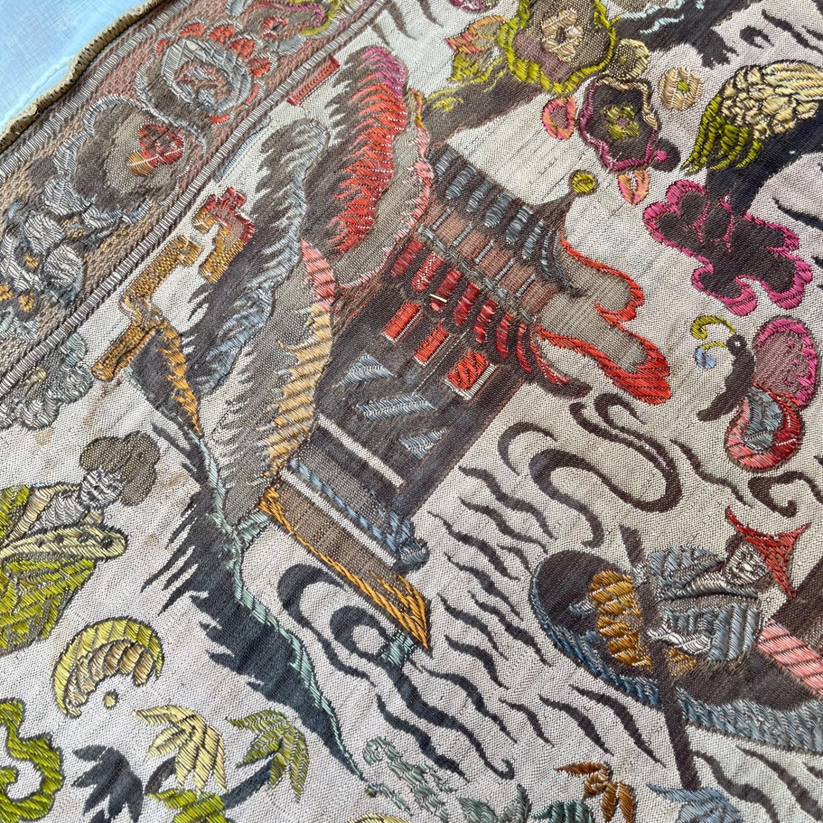 Vintage Asian Silk Hand Embroidered Textile 48 x 17 Panel Runner Pagoda Scene