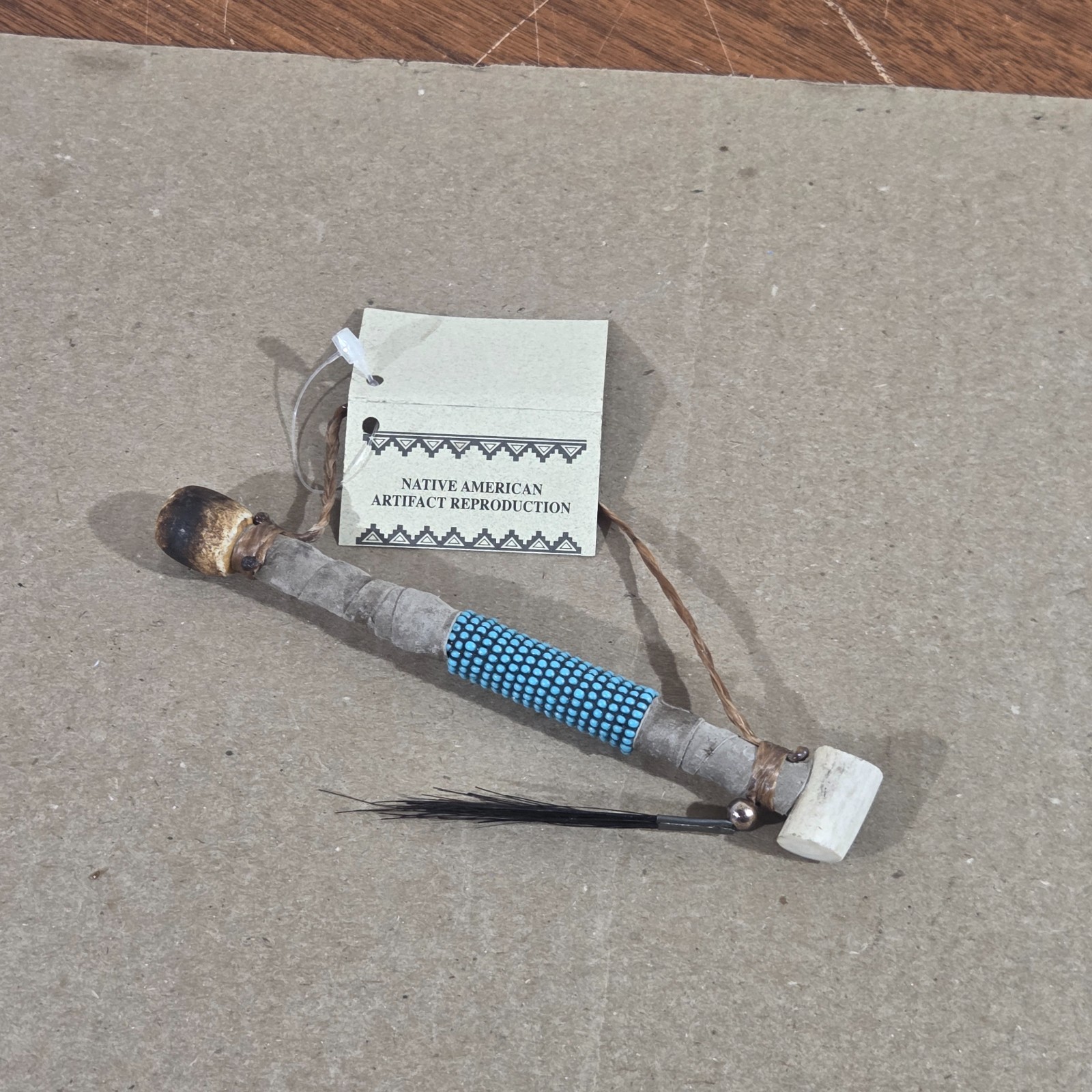 Authentic Navajo Peace Pipe 6" Handcrafted Faux Turquois Beads leather wood stag