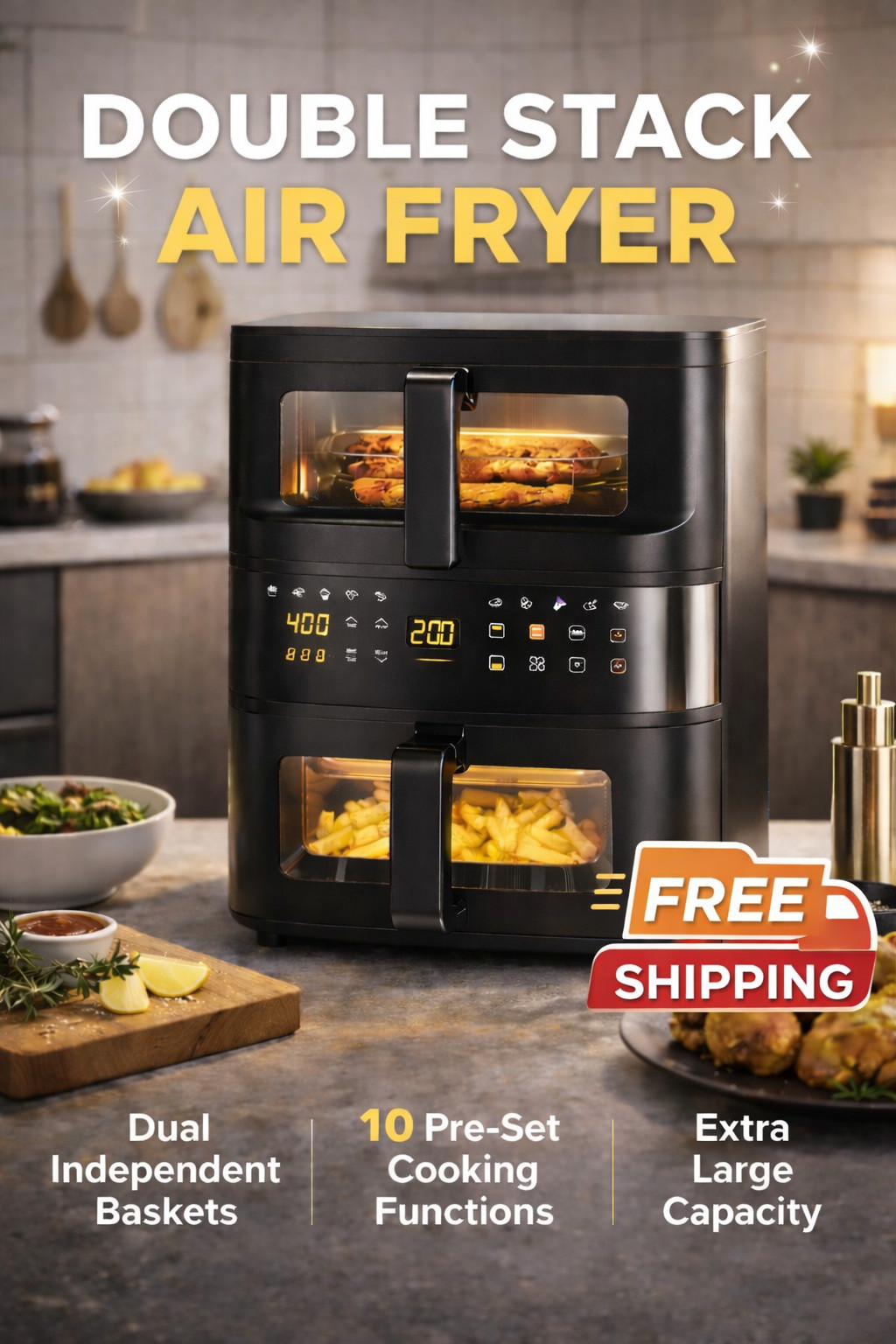 2-Tier Digital Air Fryer Dual Zone Heating Visual Window Space Saving Oil Free