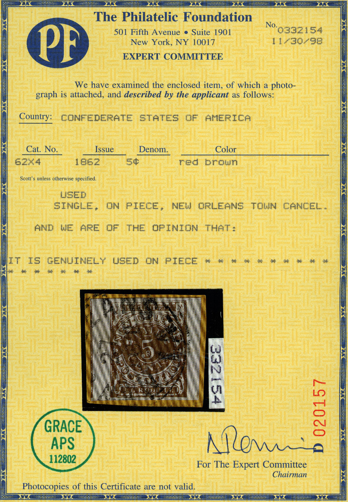 CSA Scott# 62X4, New Orleans Town CXL, on Piece PF Cert (56553)