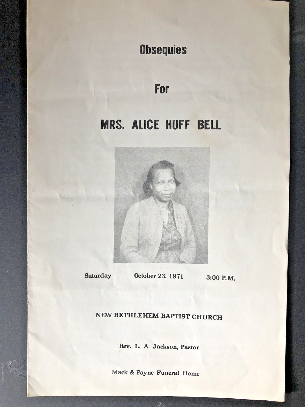 Athens GA OBSEQUIES African American Woman Alice Huff Bell FUNERAL PROGRAM 1971