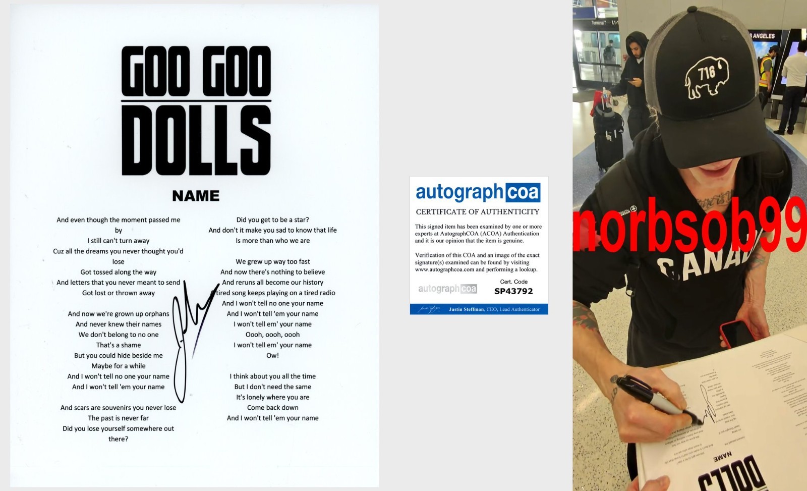 JOHNNY RZEZNIK SIGNED GOO GOO DOLLS NAME LYRIC SHEET EXACT PROOF & AUTOGRAPH COA