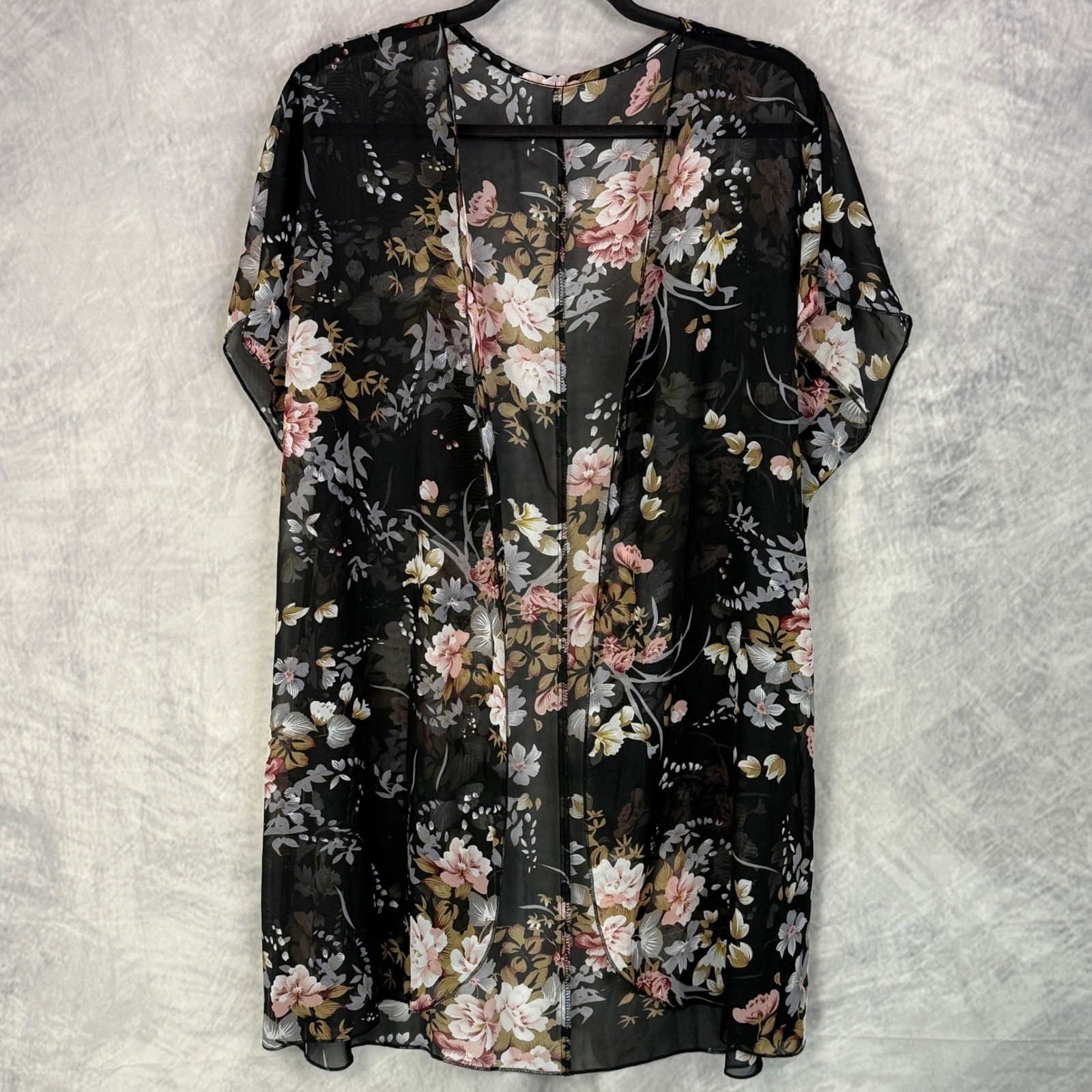 Womens Black Floral Sheer Kimono Cardigan Duster Lightweight cover-up sz M