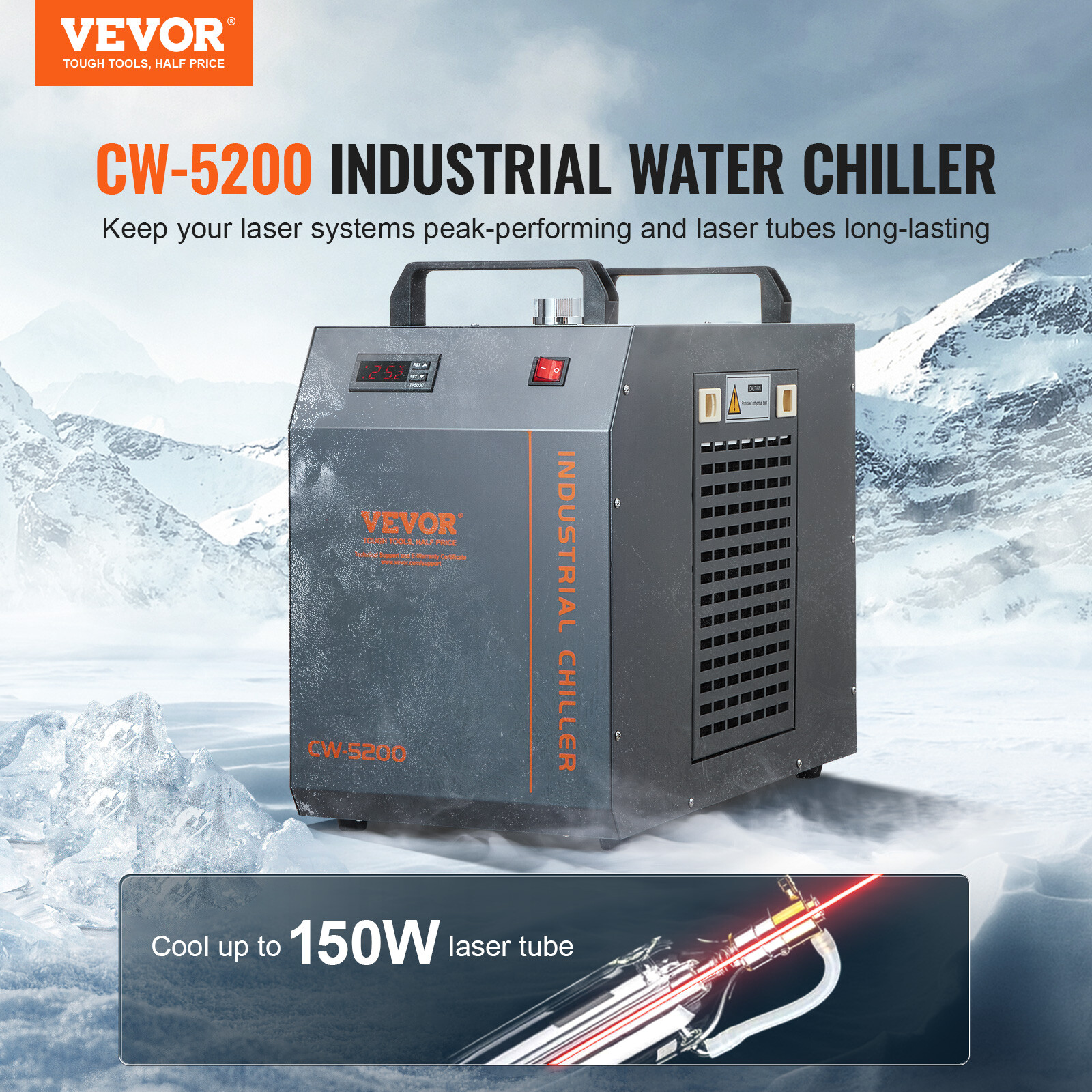 VEVOR Industrial Water Chiller CW-5200 7L 13L/min Laser Chiller with Compressor