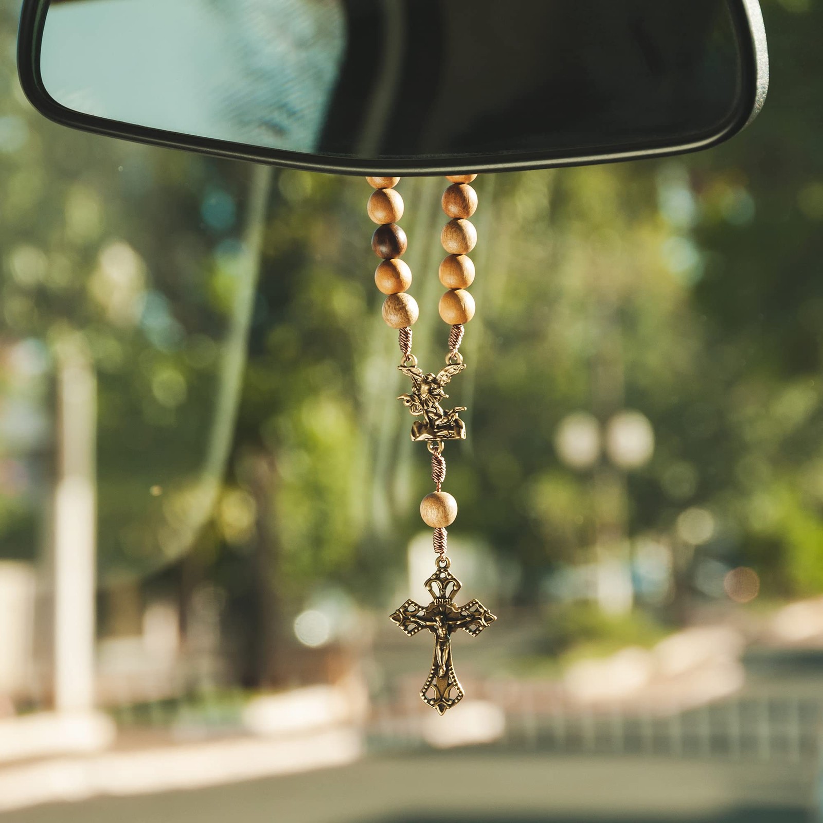 St. Michael Car Rearview Mirror Rosary (Wood)