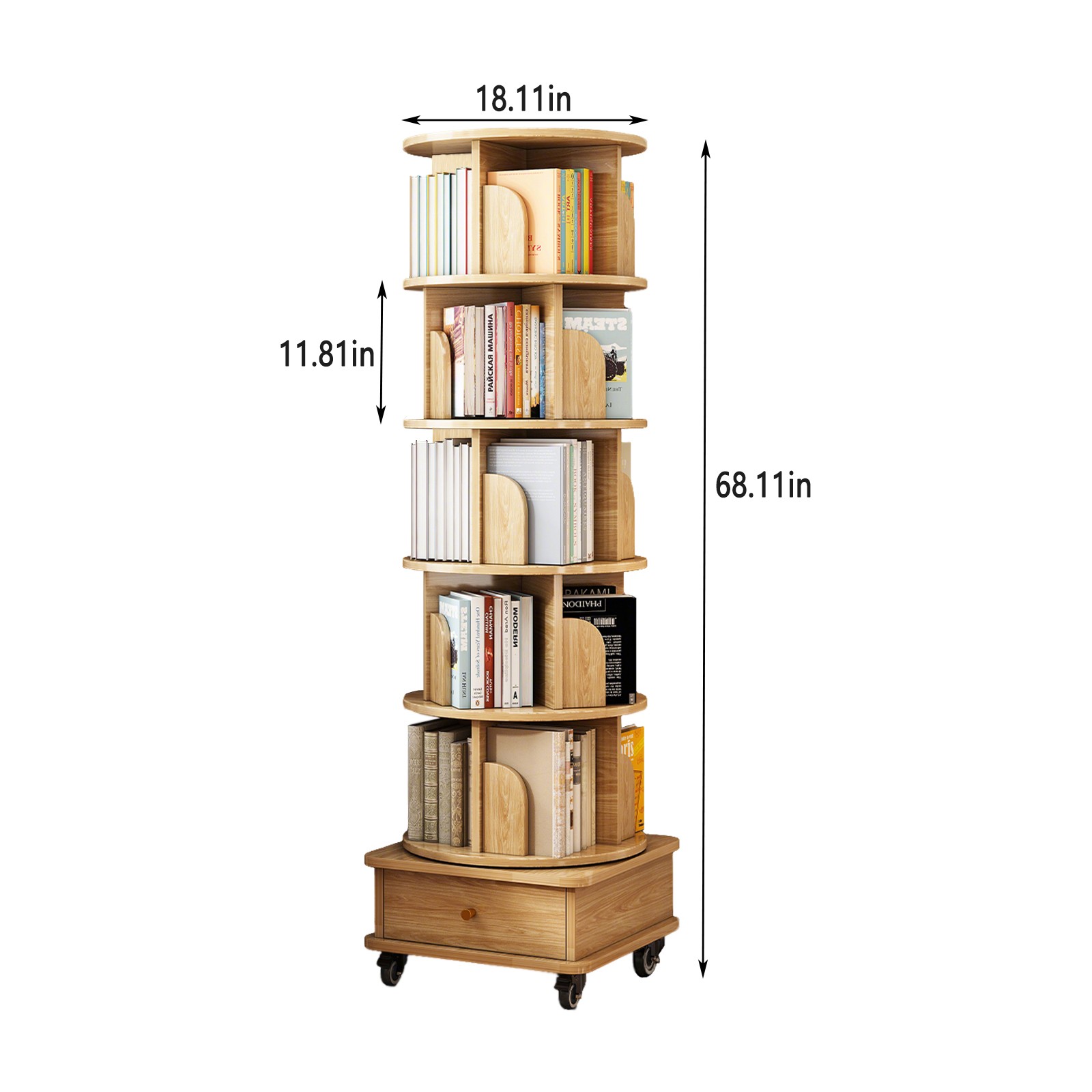 6 Tier Rotating Bookshelf, 360° Display Round Spinning Bookshelf w/ Drawer Home