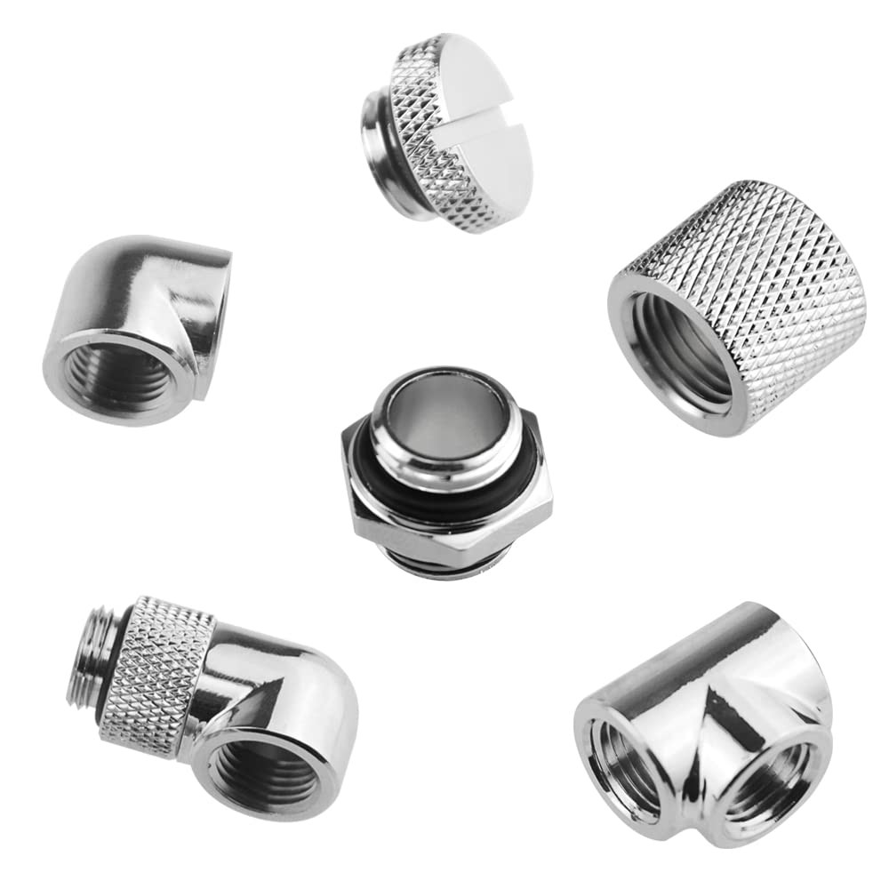 24-Piece Silver Chrome G1/4" Fittings Kit for Custom PC Water Cooling Systems...