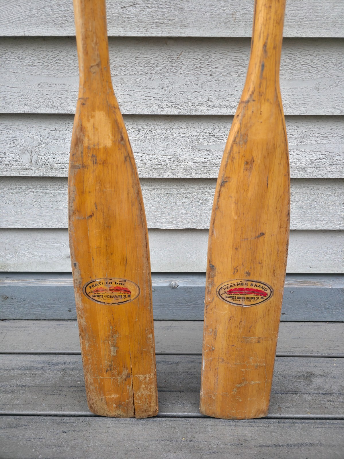 VINTAGE Old Wooden Paddles Oars with OARLOCKS Feather Brand Measures 72"