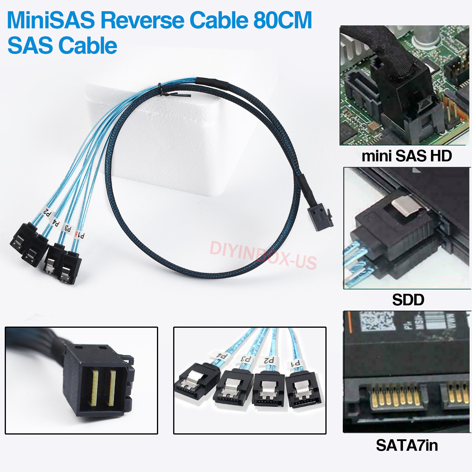 X2 Mini SAS SFF 8643 36pin to Mini 4X SATA 7Pin HD Reverse Breakout Cable 12Gb/s