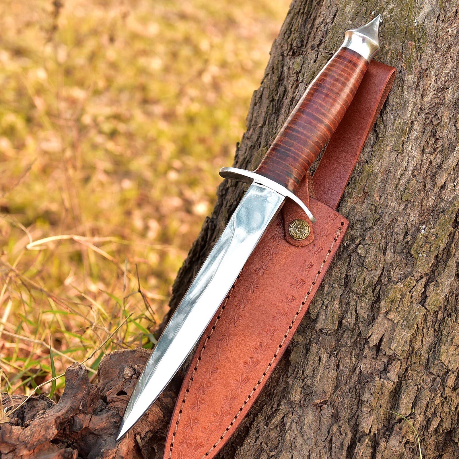 Vintage WW2 Double-Edged V42 US Military Stacked Leather Stiletto Dagger Knife