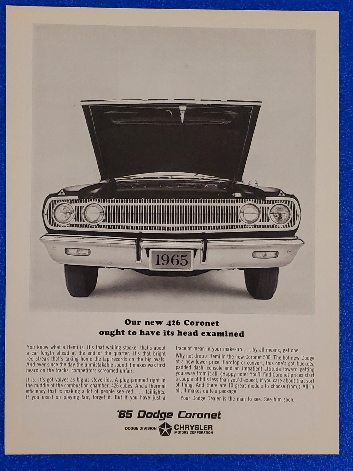 1965 DODGE 426 HEMI CORONET 500 ORIGINAL PRINT AD CLASSIC AMERICAN MUSCLE CARS