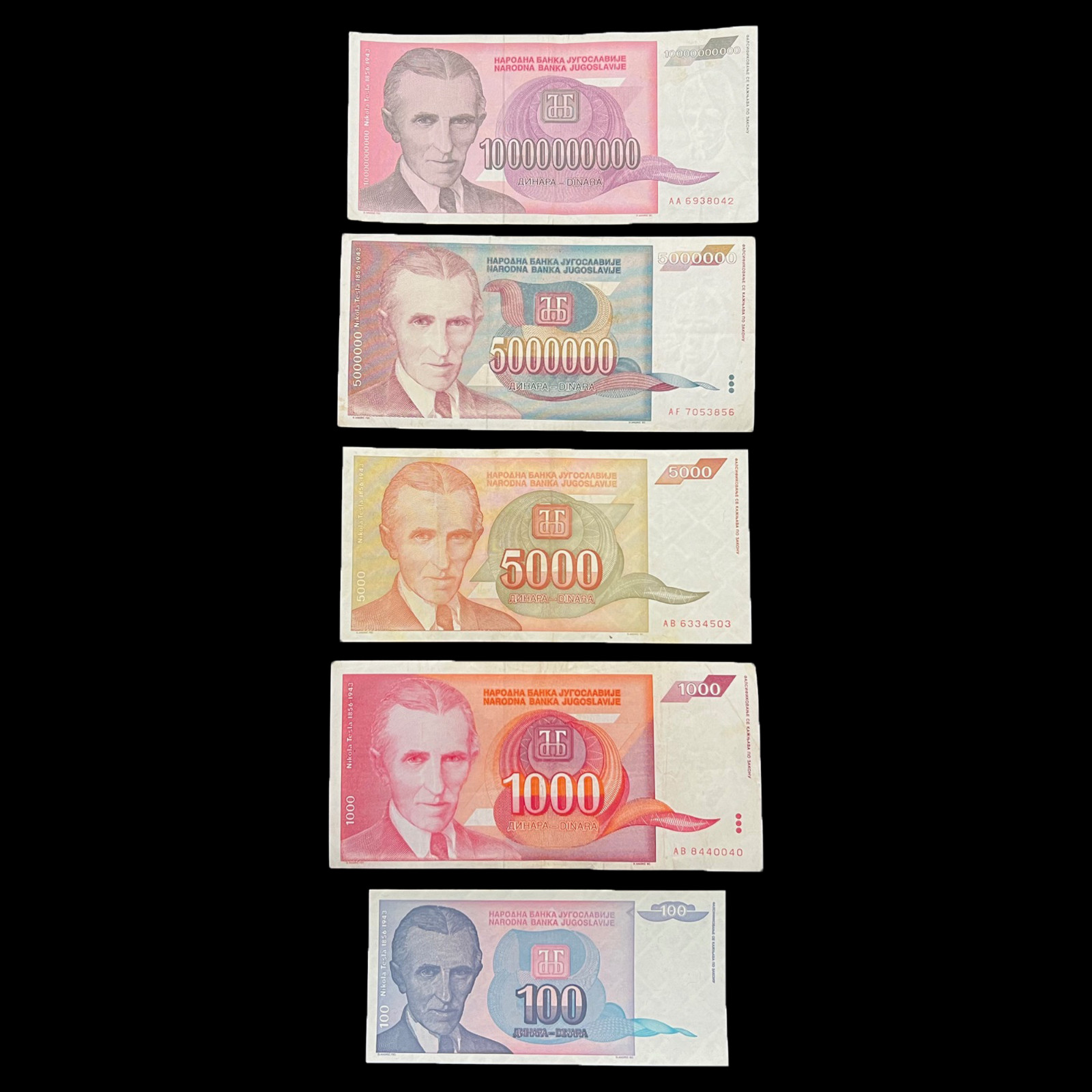 Yugoslavia Nikola Tesla 5 Banknote Set Lot Million 10 Billion World Paper Money
