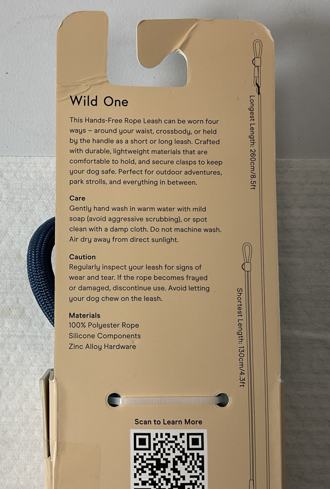 Wild One Adjustable Hands-Free Standard Rope Leash - Navy - Brand New