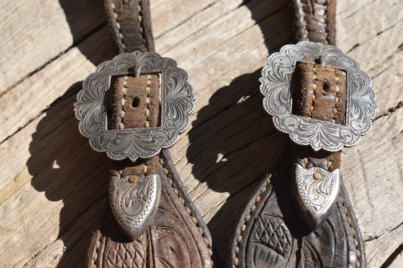 VINTAGE STERLING OVERLAY BUCKLE / TIP SETS FOR SPUR STRAPS OR HEADSTALL