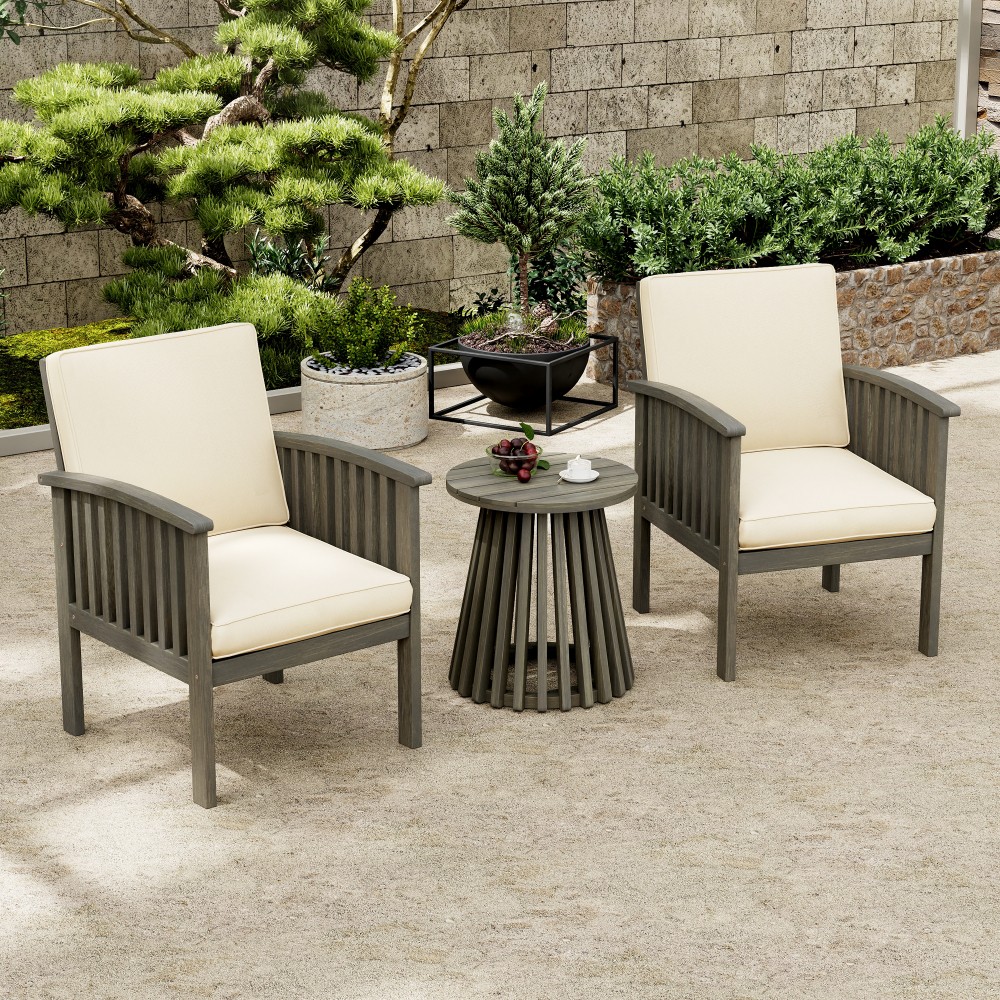 Acacia Wood Outdoor Club Chair Set w/ Side Table, Cream & Gray Cushions