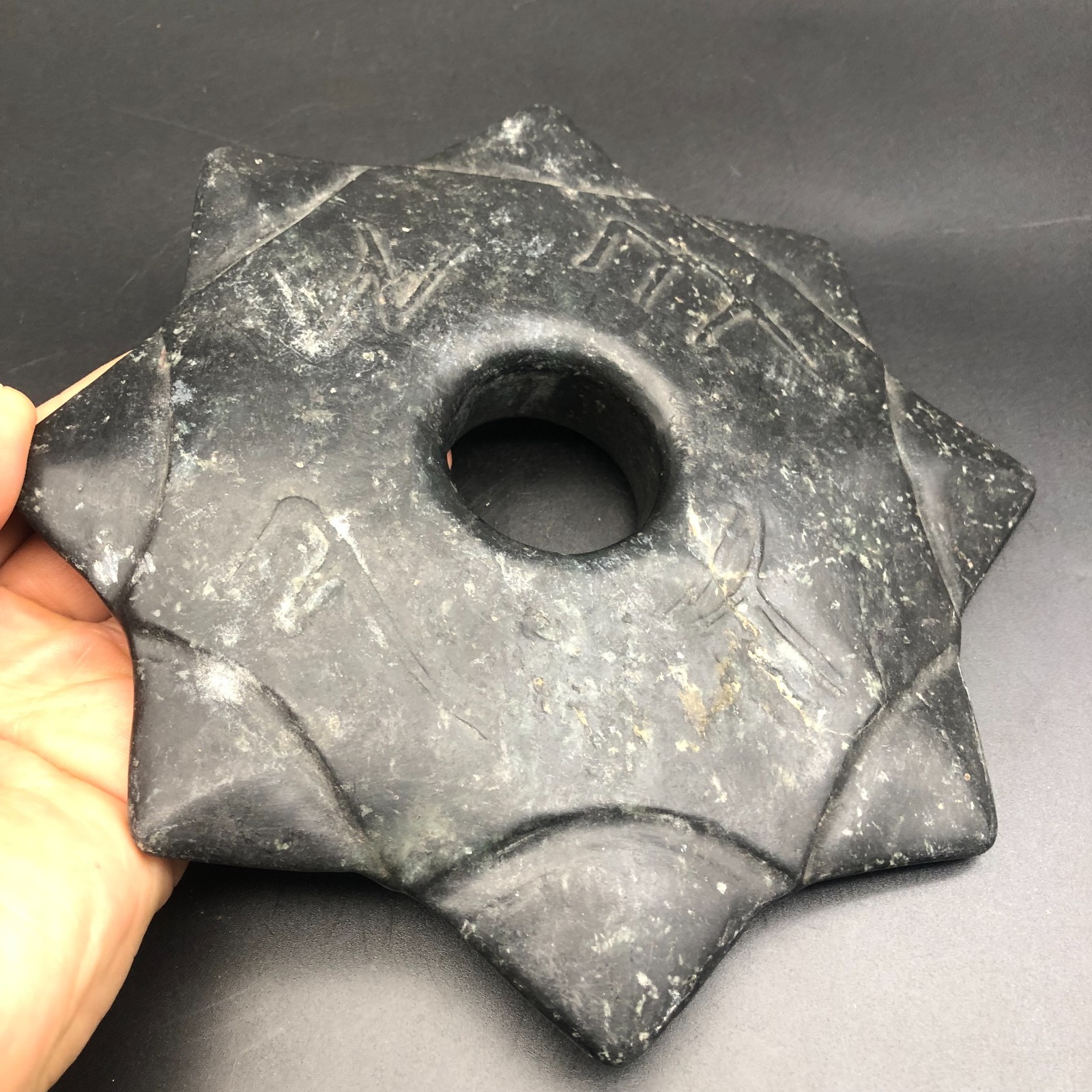 Old HongShan Culture Meteorite Jade Hand-Carved Fengshui Octagon Star Statue