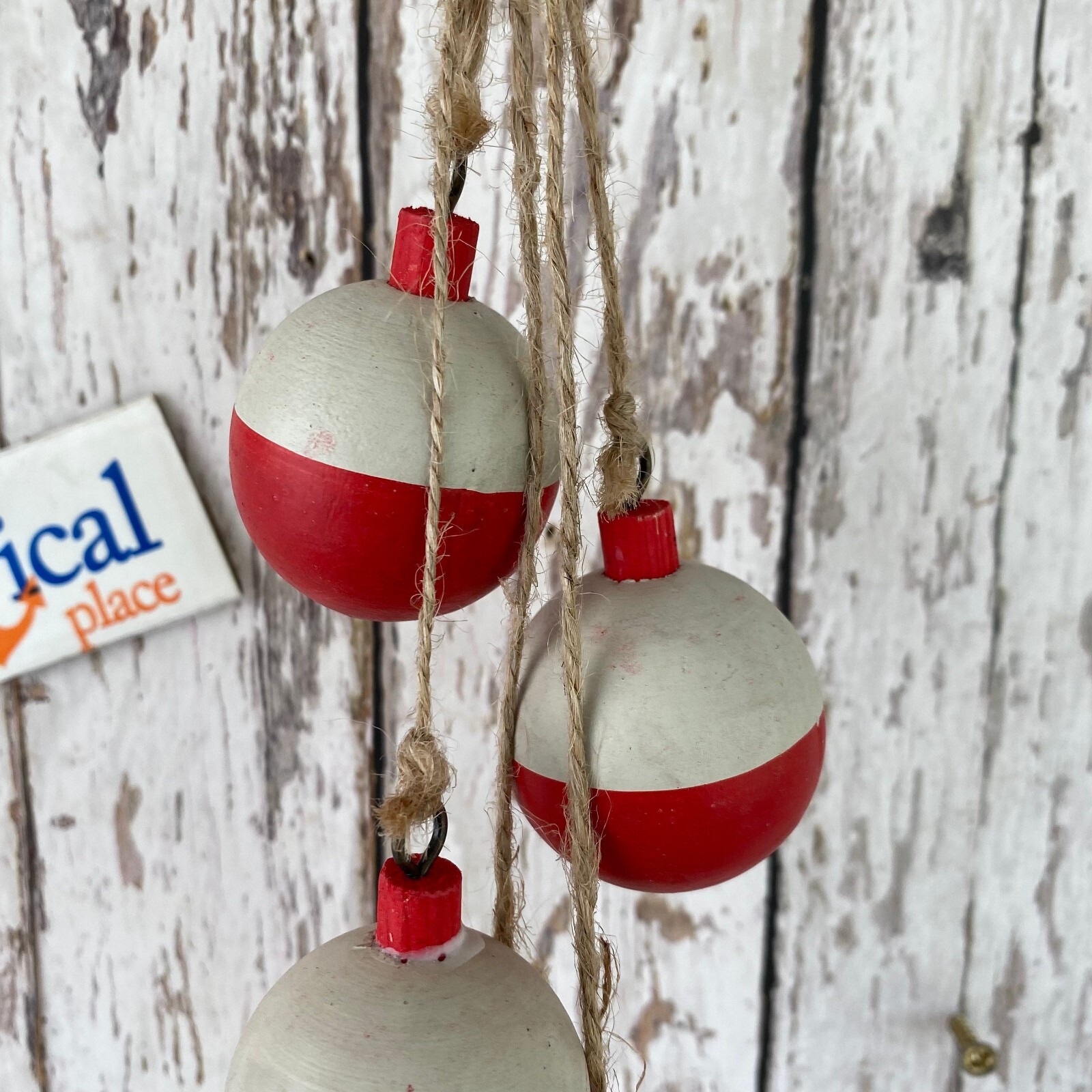 5 Wood Bobbers On Jute Rope, Distressed Red & White Fish Net Floats, Decor