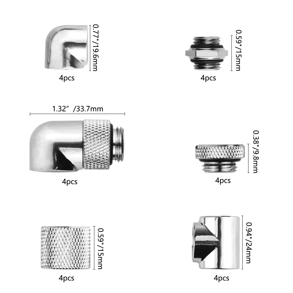 24-Piece Silver Chrome G1/4" Fittings Kit for Custom PC Water Cooling Systems...