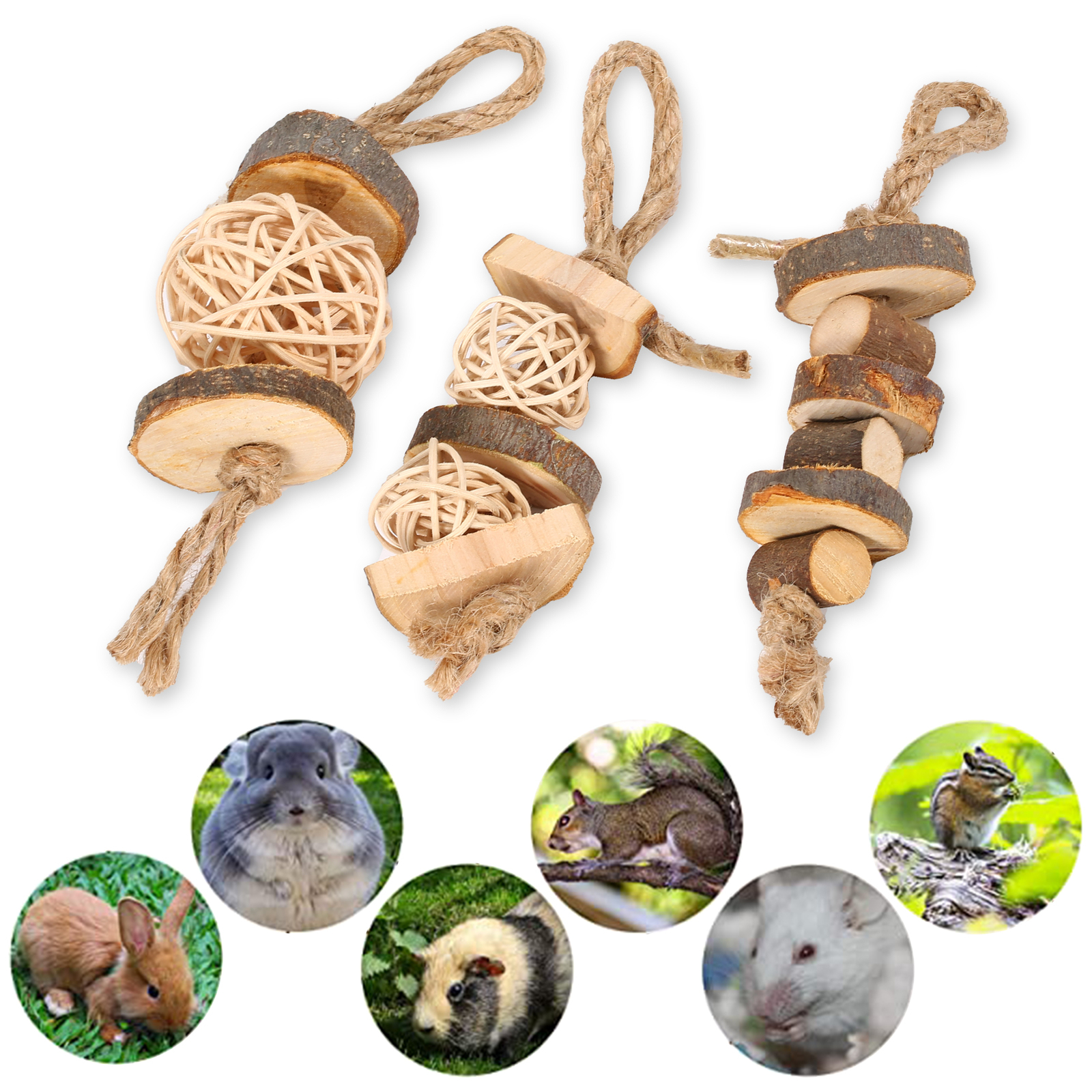 3PC Hamster Chew Toys Guinea Pig Rat Gerbil Chew Toys Accessories natural Wood