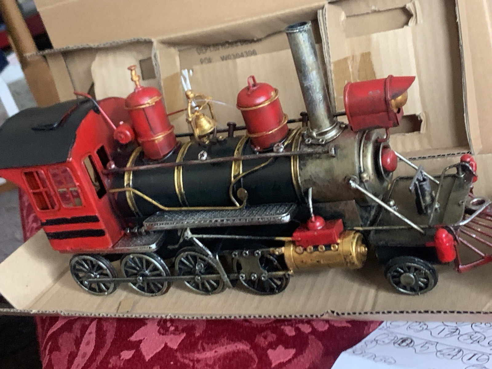 Vtg Decorative Metal Steam Locomotive Model Train Engine Red Black Gold On Base