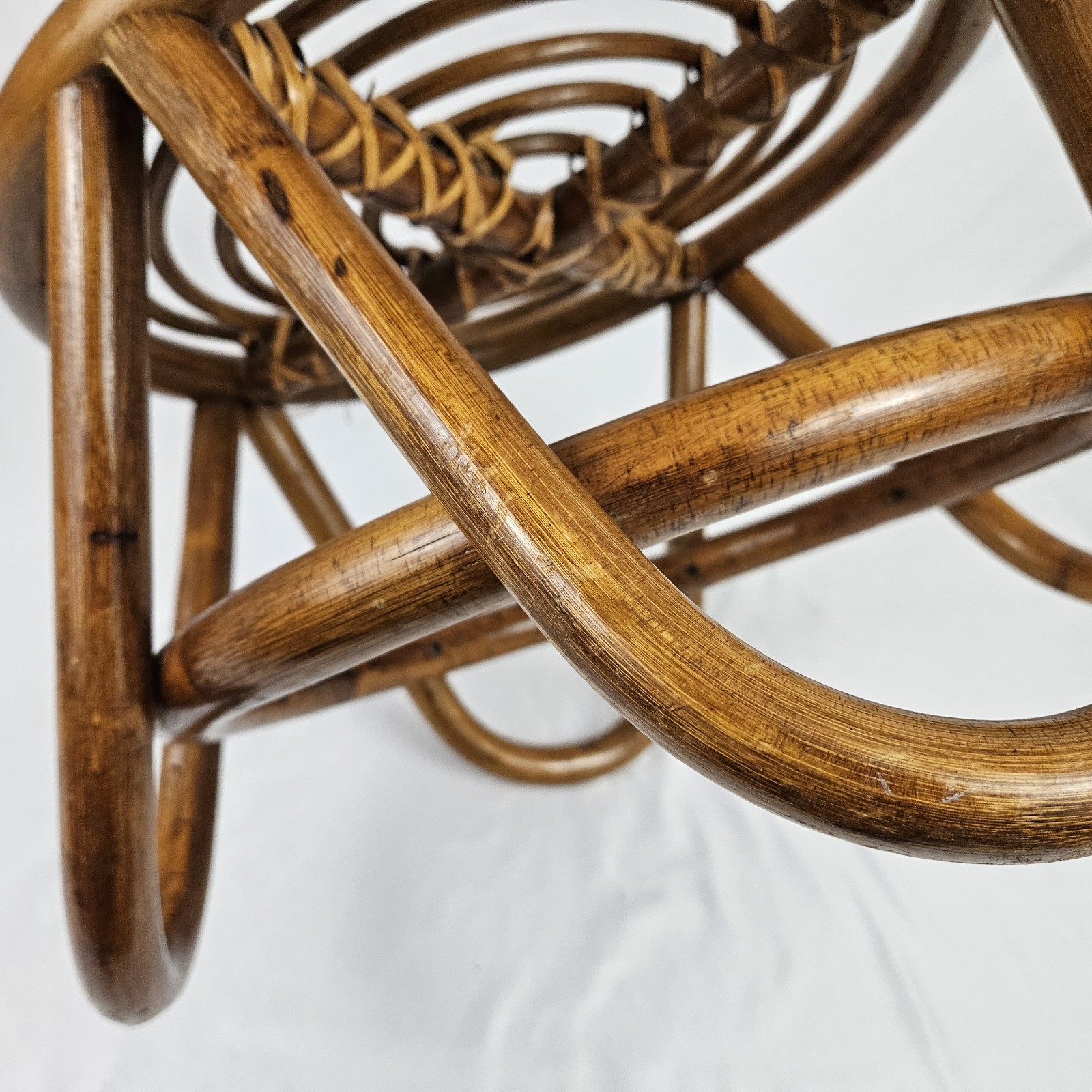 Vintage Rattan Footstool Ottoman Plant Stand Bent Bamboo Boho Mid-Century Modern