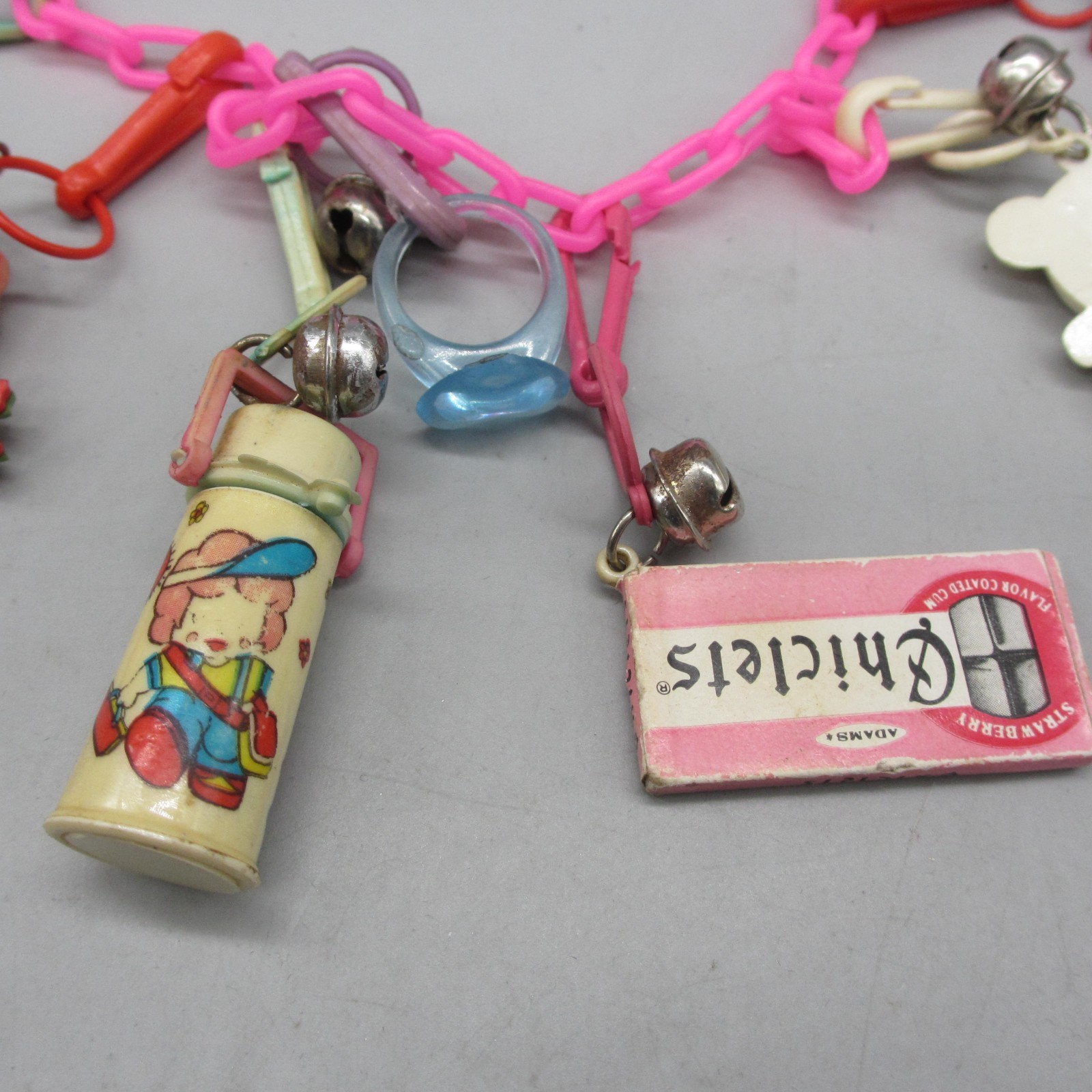 Vintage Bell Charm Necklace Owl Gum Ring Clock Thermos Pink Chain 24 Inch