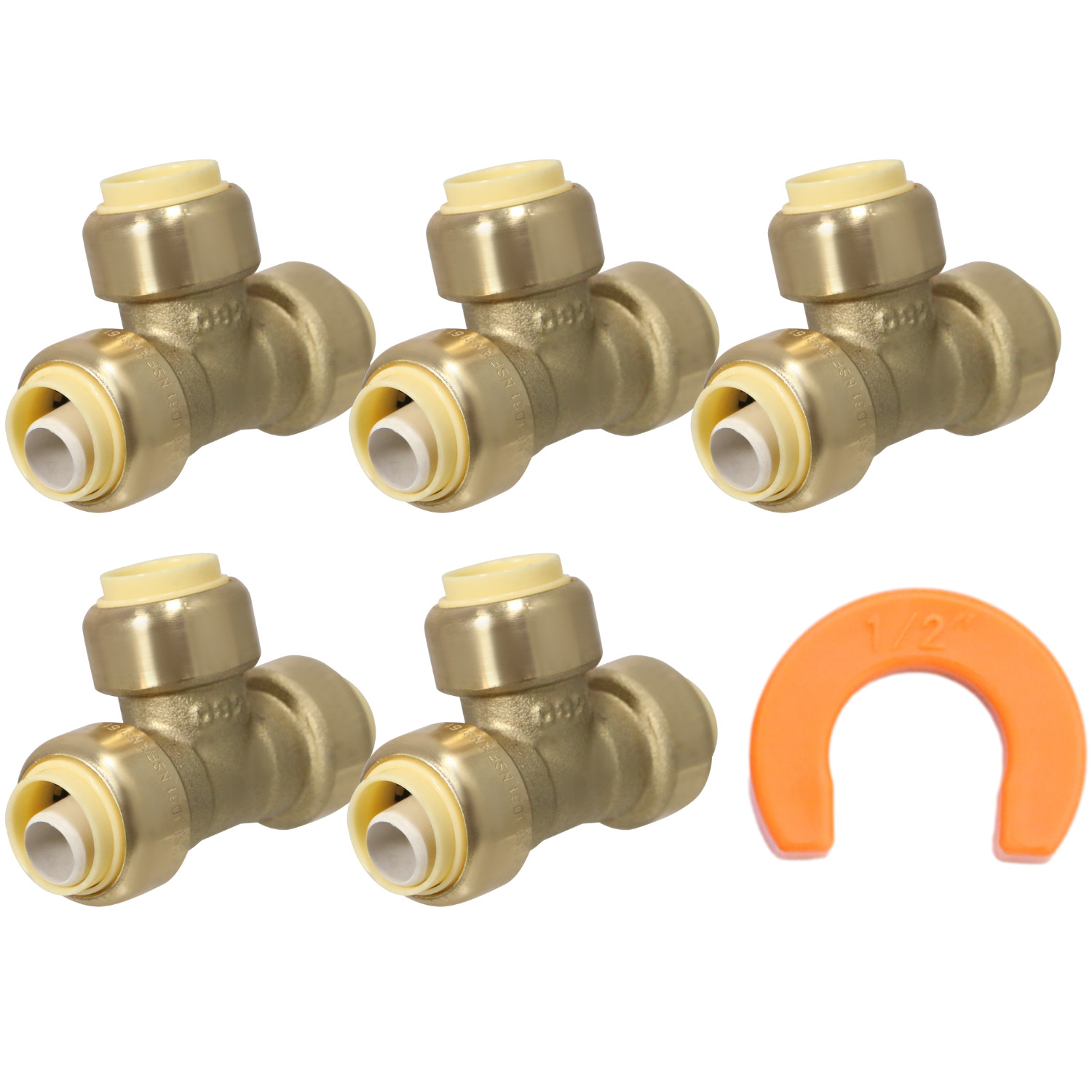 5 Pack XFITTING 1/2" Push Fit Tee w. 1 Disconnect Clip, 1/2" Push to Connect Tee