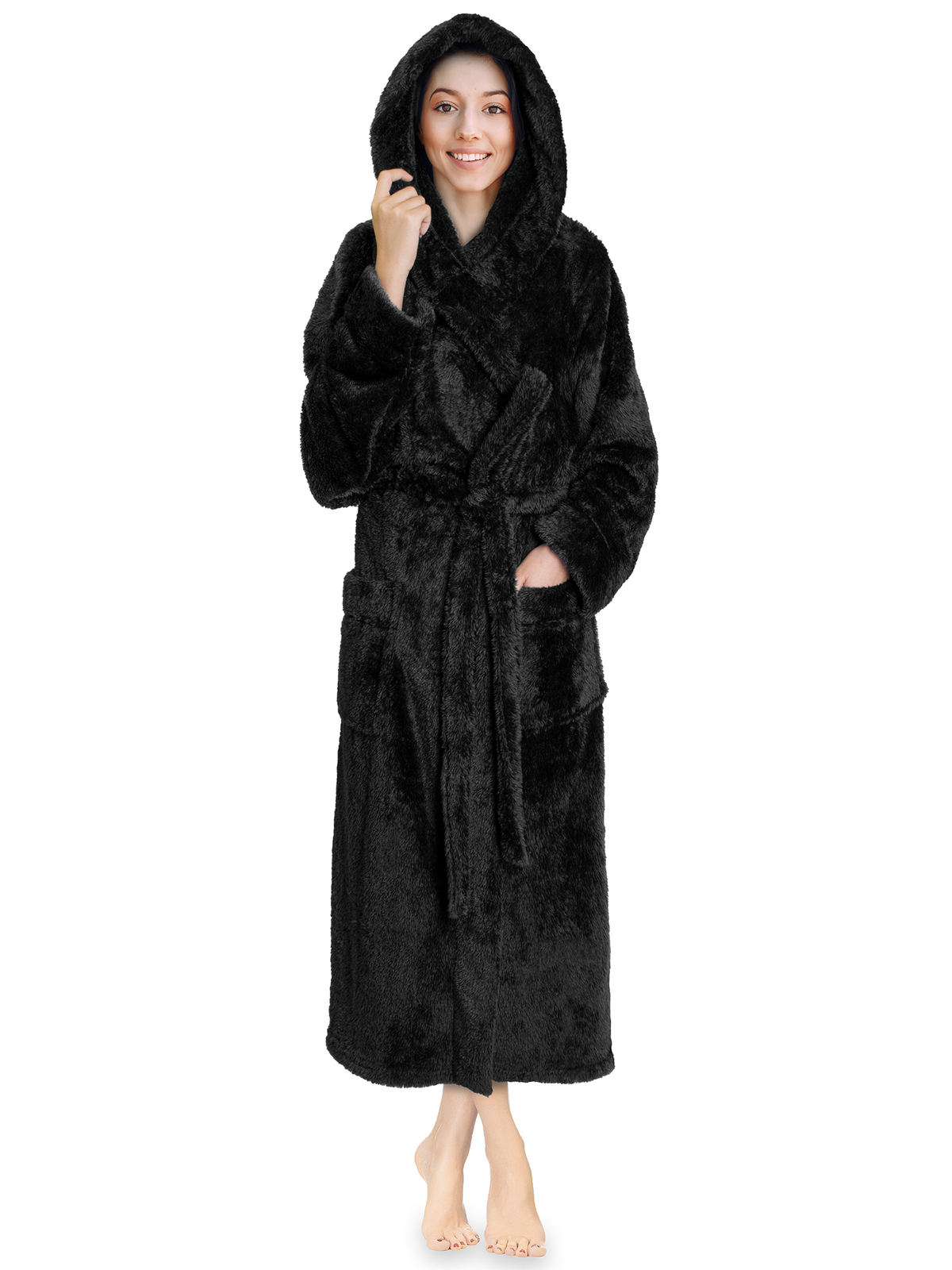 Womens Ladies Fluffy Robe Soft Fleece Luxe Plush Warm Sherpa Hooded Spa Bathrobe