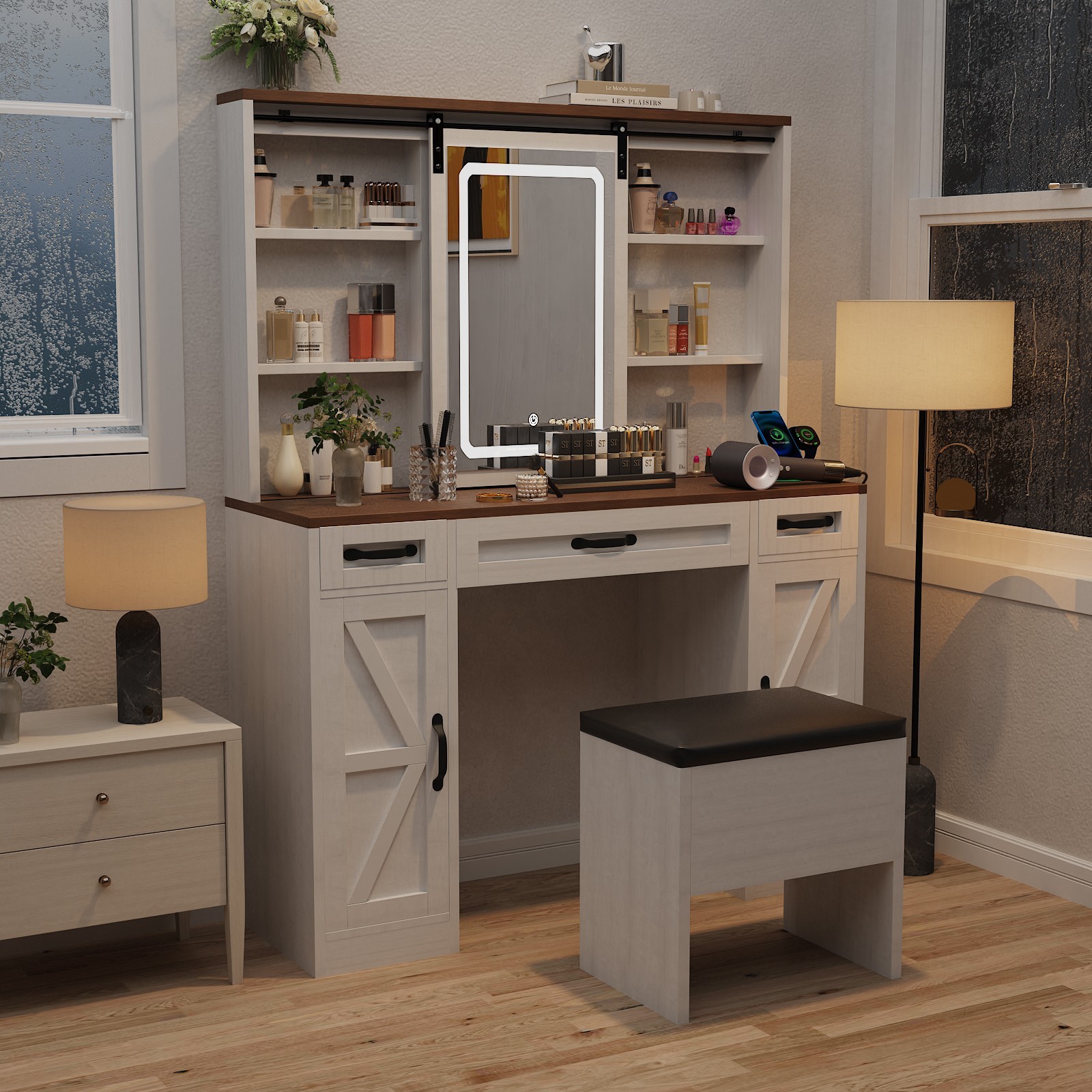 Vanity Desk with Mirror LED Lighted Makeup Vanity Table w/Stool Dressing Table