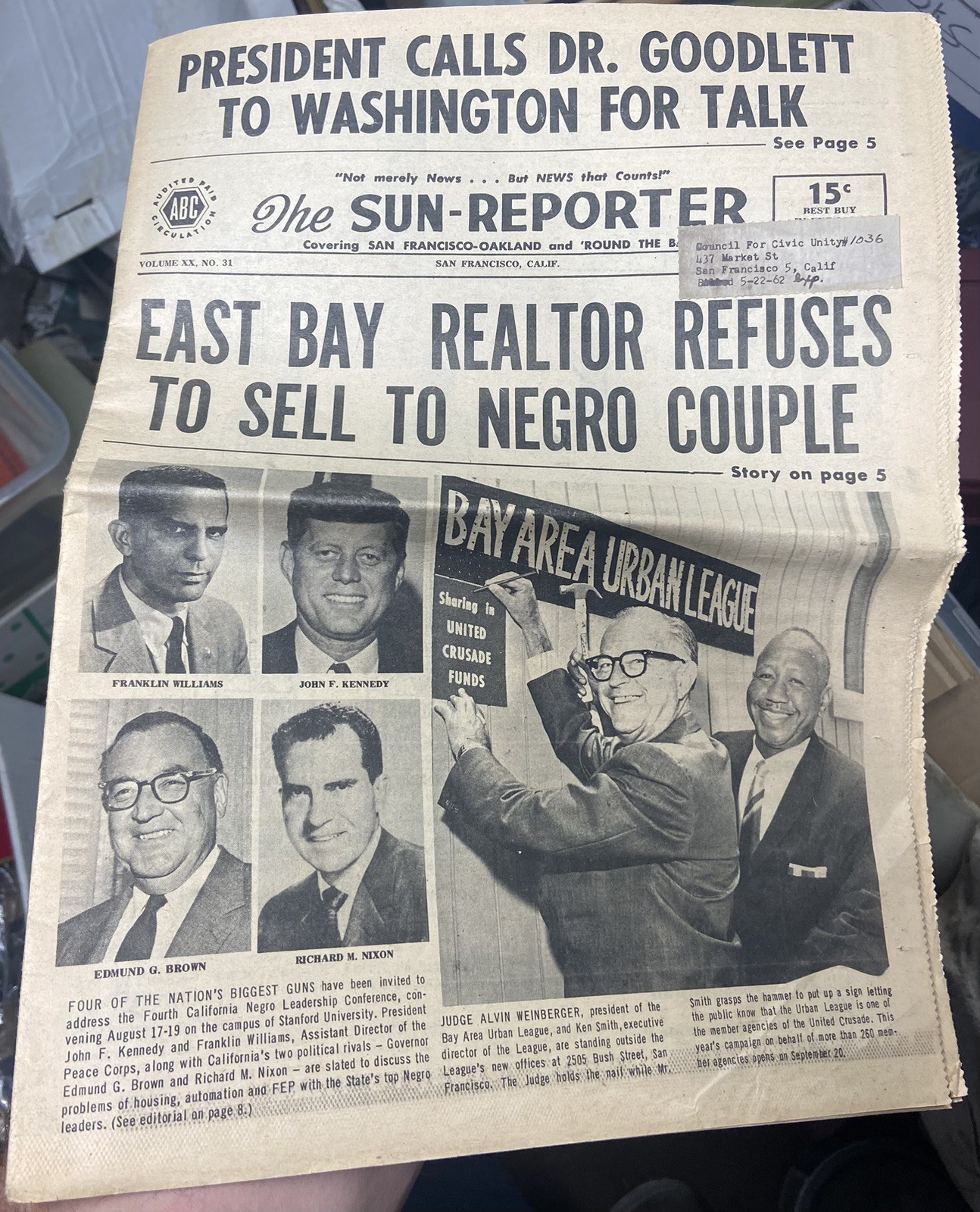 FULL Aug. 4, 1962 Black / African-American San Francisco SUN-REPORTER Newspaper