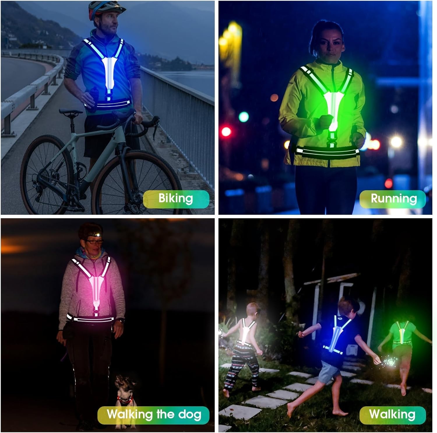 LED Reflective Running Vest Rechargeable Safety Light Up Gear for Walking Biking