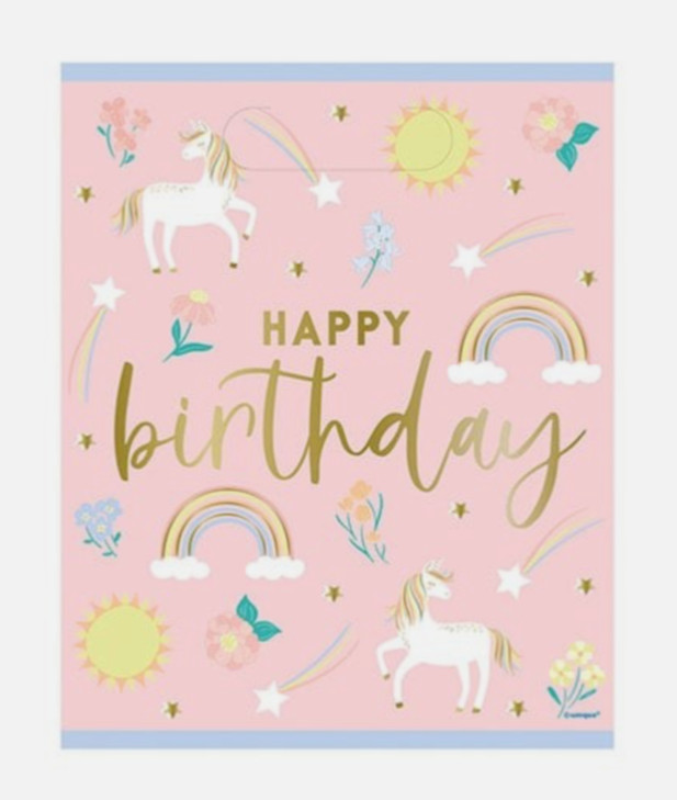 Happy Birthday Pink Unicorn Rainbows - Party Plastic Loot Bags - Pack of 8 - New